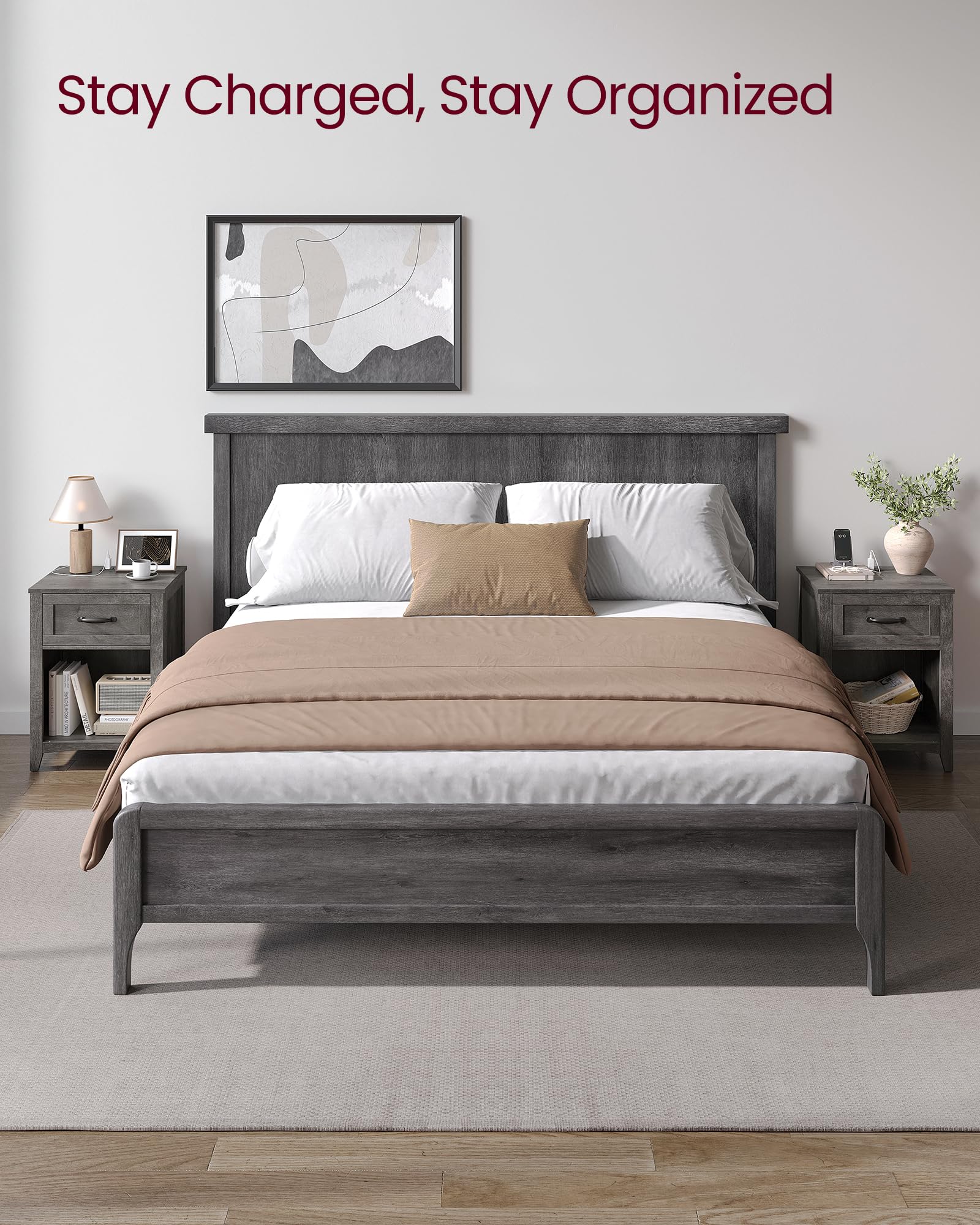 VASAGLE Farmhouse Nightstand with USB Charging Station, Bedside Table with Drawer & Open Shelf, Storage Side Table for Bedroom - Misty Gray | Perfect for Small Spaces, Apartment Living & Guest Rooms