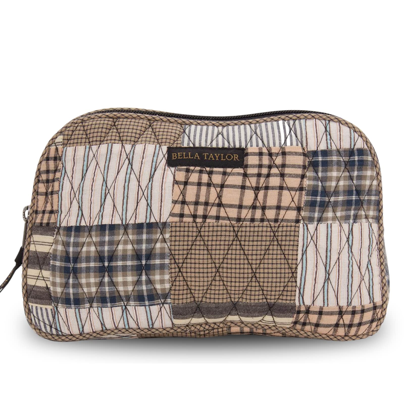 Bella Taylor Large Quilted Cotton Makeup Pouch for Women - Travel Cosmetic Bag Organizer - Ashmont Tan, Grey & Cream Patchwork Design - Perfect for Travel, Gym & Daily Essentials Storage