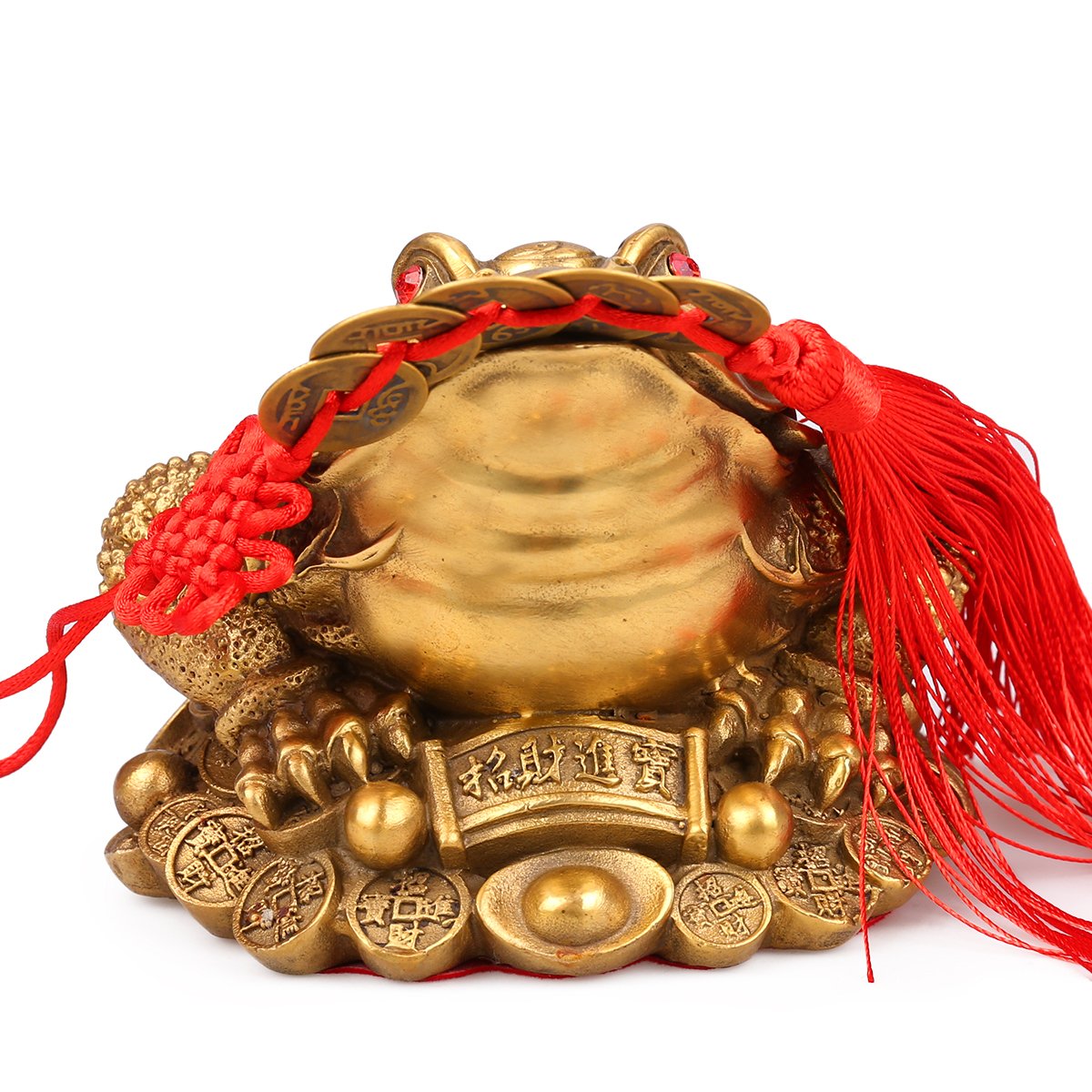 Authentic Chinese Brass Feng Shui Money Frog Statue - Three-Legged Wealth Toad with 5 Lucky Charm Ancient Coins on Red String - Prosperity Home & Office Decor for Good Fortune & Abundance