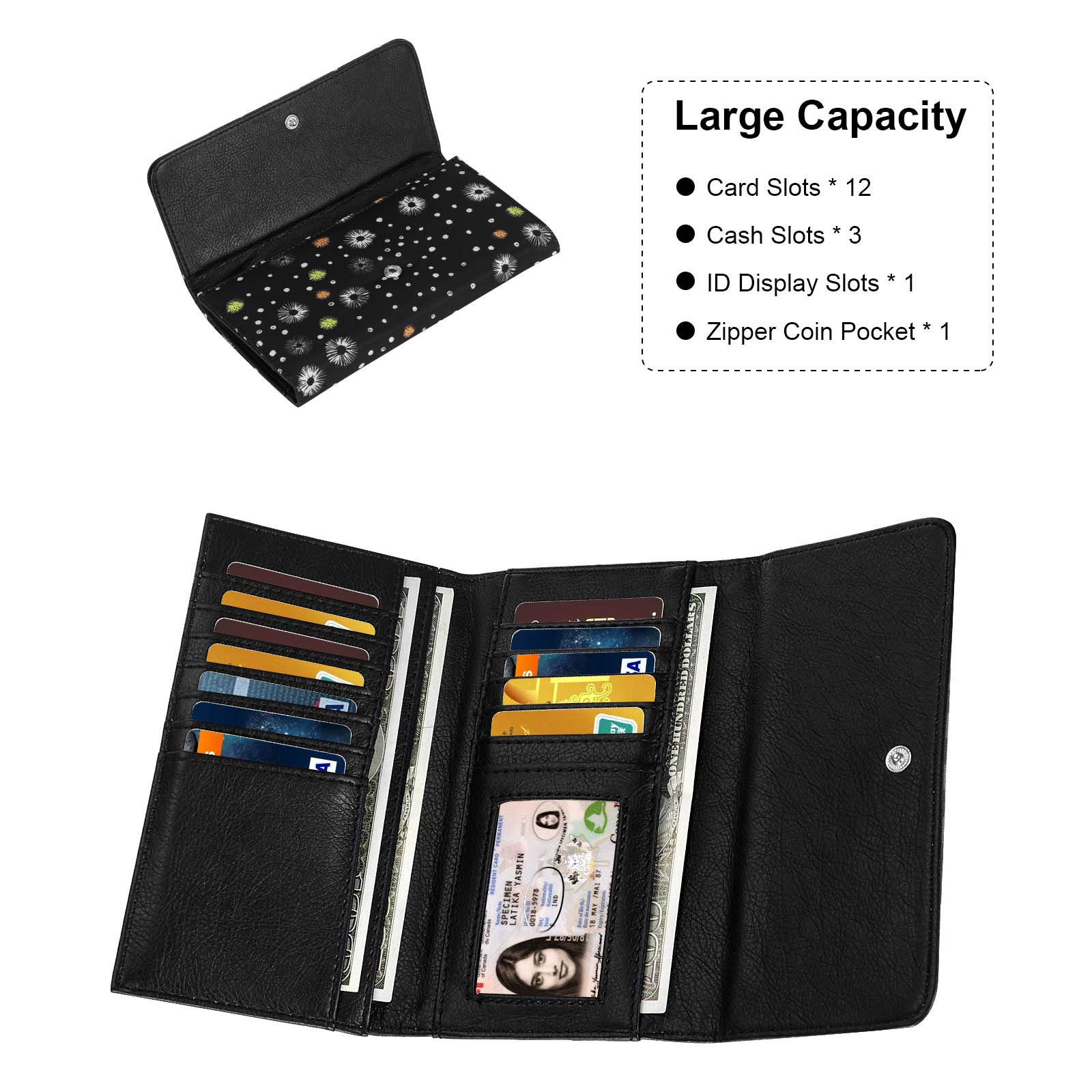 HUA ANGEL Slim Long Tri-Fold Wallet for Women - Ultra Thin Leather Card Holder with 12 Slots & Zippered Coin Pocket - Perfect for Everyday Use, Travel, and Gift Giving