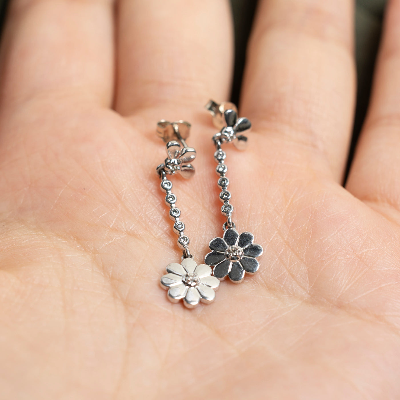 10K White Gold Diamond Floral Drop Earrings for Women - 0.02ctw Natural Diamond Stud Earrings | Elegant Gift for Wedding, Anniversary & Special Occasions