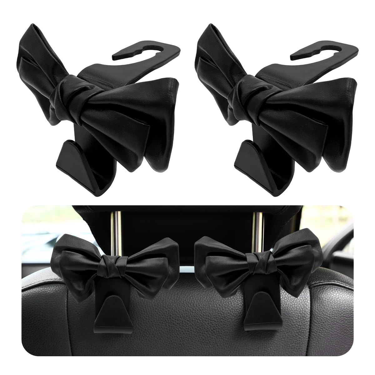 2 PCS Car Seat Headrest Hooks - Durable Leather Bow-Shaped Backseat Organizer Hooks for Purses, Coats & Umbrellas - Vehicle Storage Accessories (Black) - Perfect for Road Trips, Commuting & Family Travel