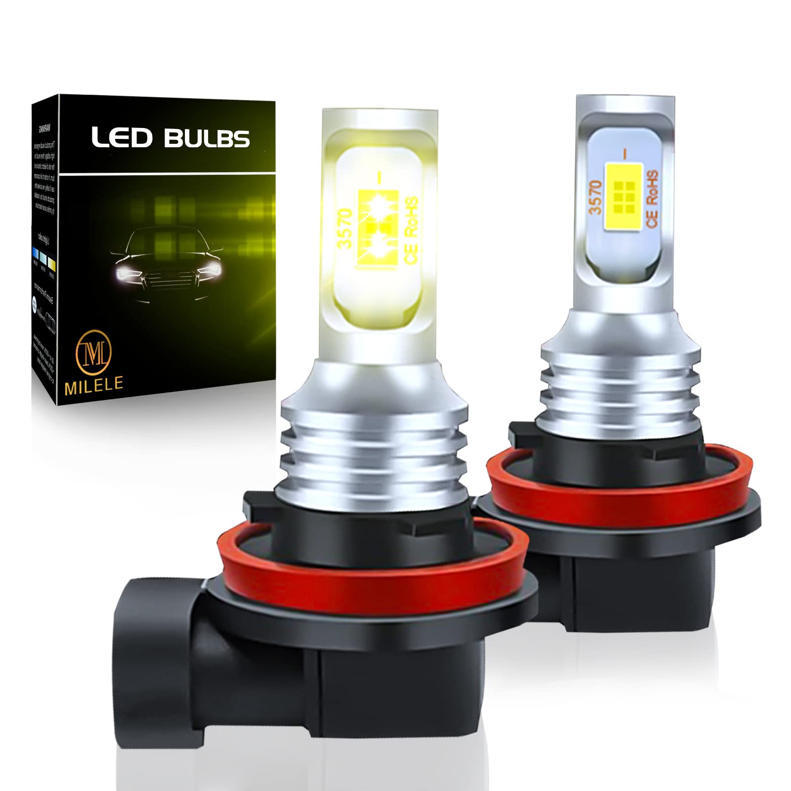 MILELE H8 H11 LED Fog Light Bulbs - 4000LM Super Bright 3000K Yellow Light, H16 H11LL H8LL H1155 Compatible, Plug and Play Replacement for Cars, Trucks & Motorcycles (Pack of 2) - Perfect for Night Driving and Foggy Conditions