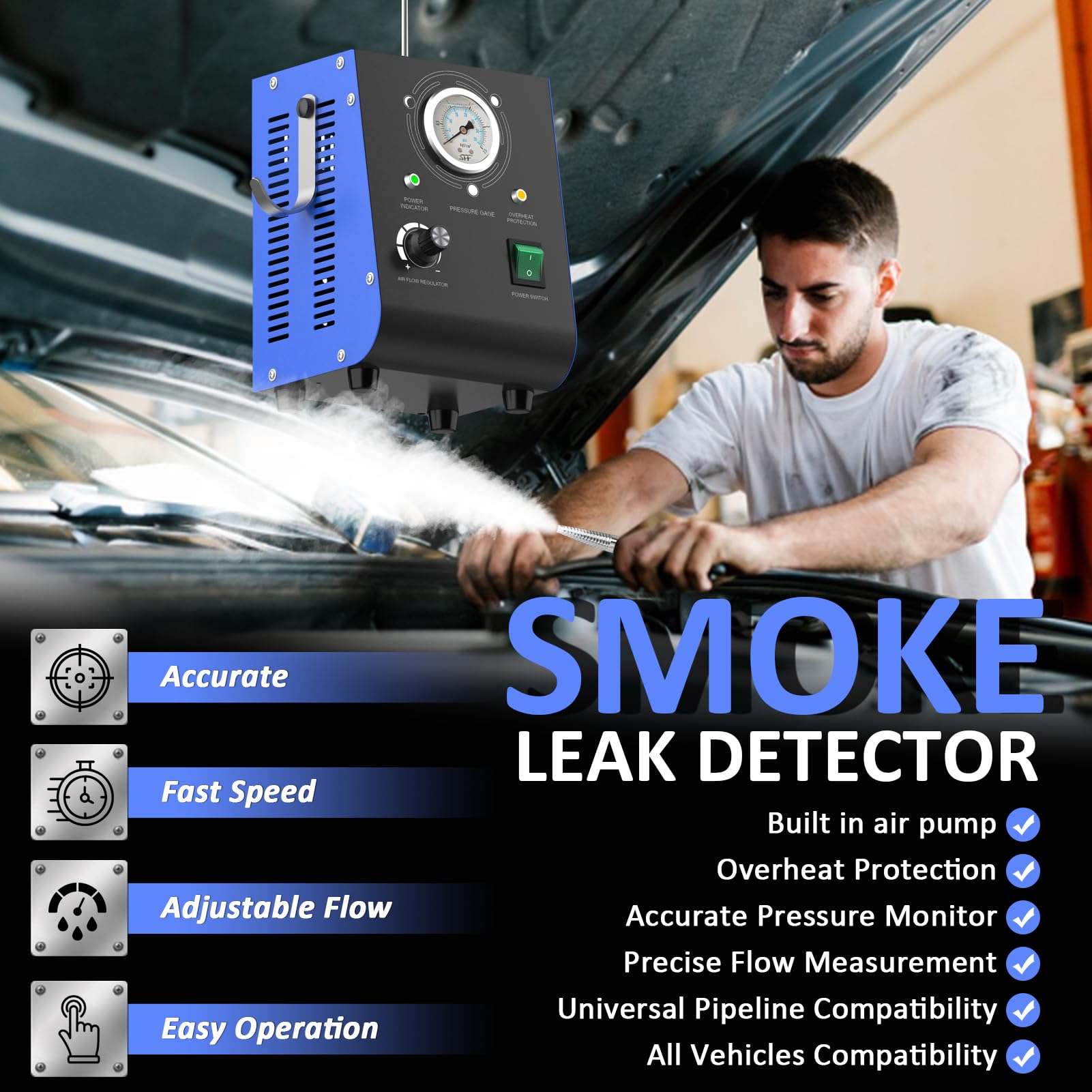Automotive Smoke Machine Leak Detector with Built-in Air Pump | EVAP Smoke Tester with Adjustable Pressure Gauge | 12V DC Vehicle Pipe System Diagnostic Tool | Perfect for Detecting Vacuum Leaks in Cars, Trucks & SUVs