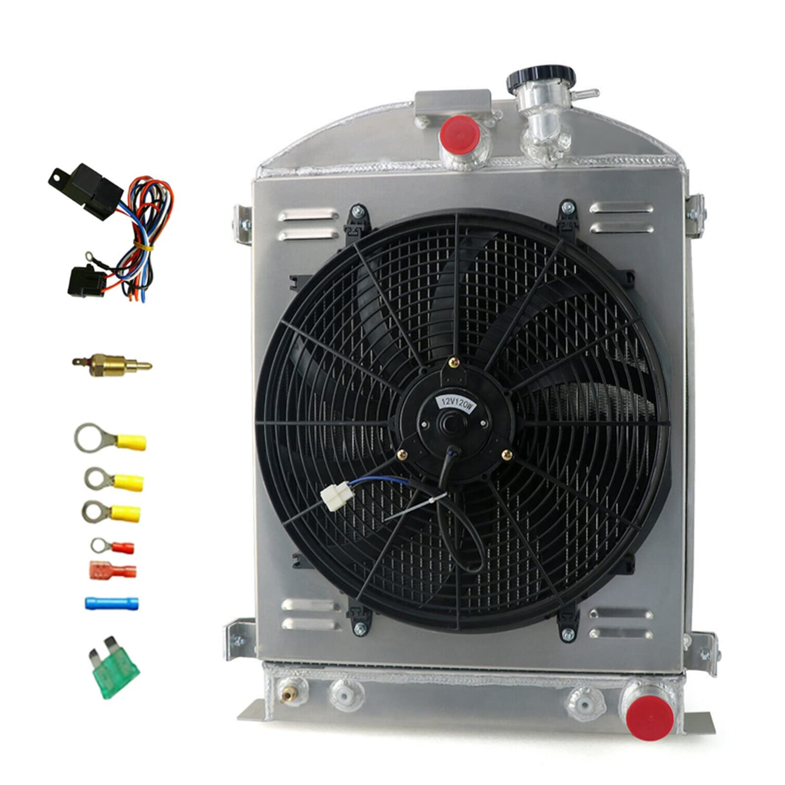 4 Row Aluminum Radiator for 1932-1934 Ford Model A & Chevy V8 Engine - Full Aluminum Cooling System with Shroud Fan & Relay Kits - Perfect for Hot Rod, Classic Car Restoration & Performance Upgrades