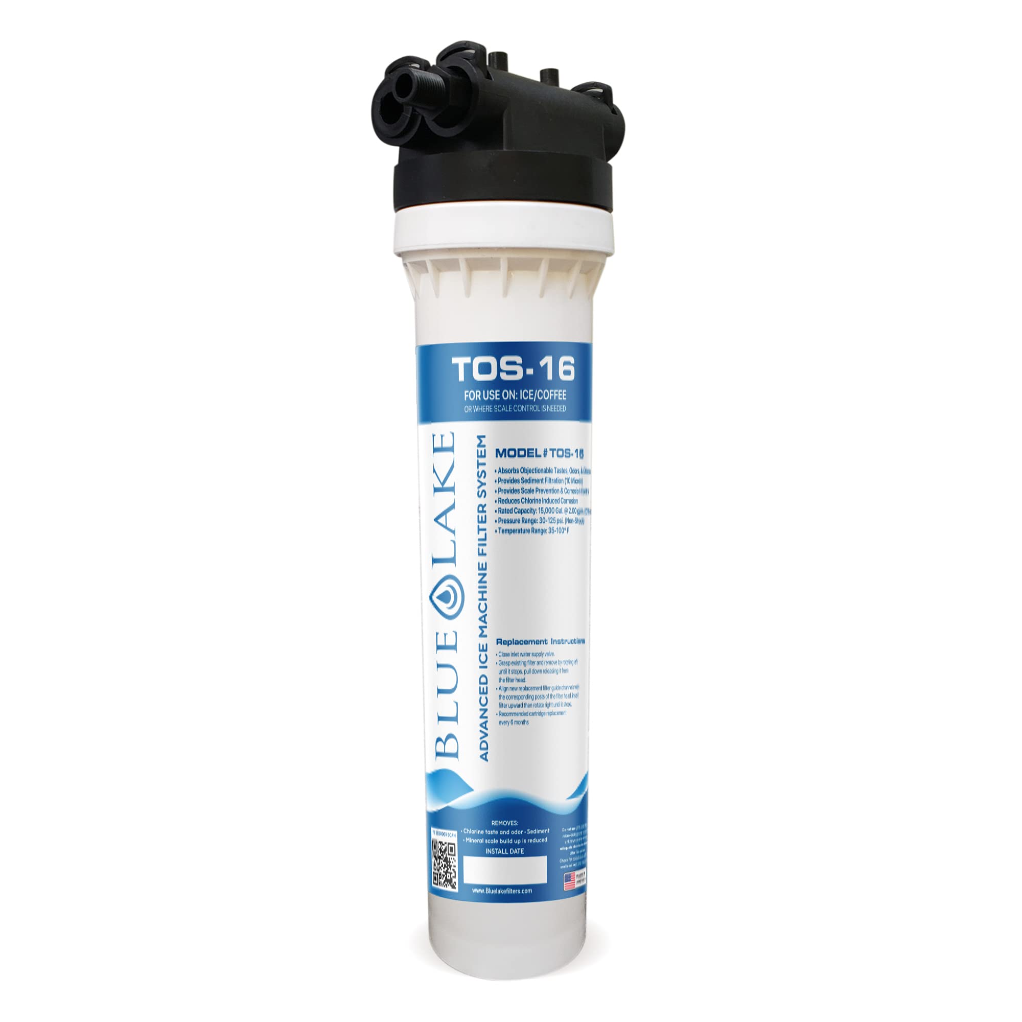 Blue Lake TOS-16 Inline Water Filter Kit & Cartridge - Replacement Ice Maker and Coffee Machine Water Filter - Commercial Grade Filtration System for Pure Ice & Beverages - Perfect for Restaurants, Offices, and Home Use