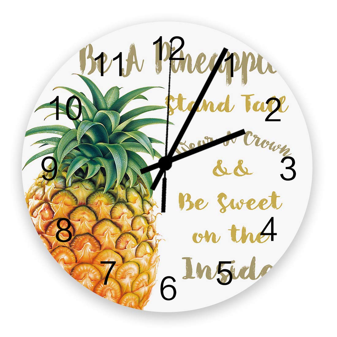 12 Inch Silent Non-Ticking Wooden Round Wall Clock with Pineapple Design and Inspirational Quotes - Battery Operated Home Decor for Kitchen, Bathroom, Living Room - Perfect for Farmhouse, Coastal, and Boho Style Interiors