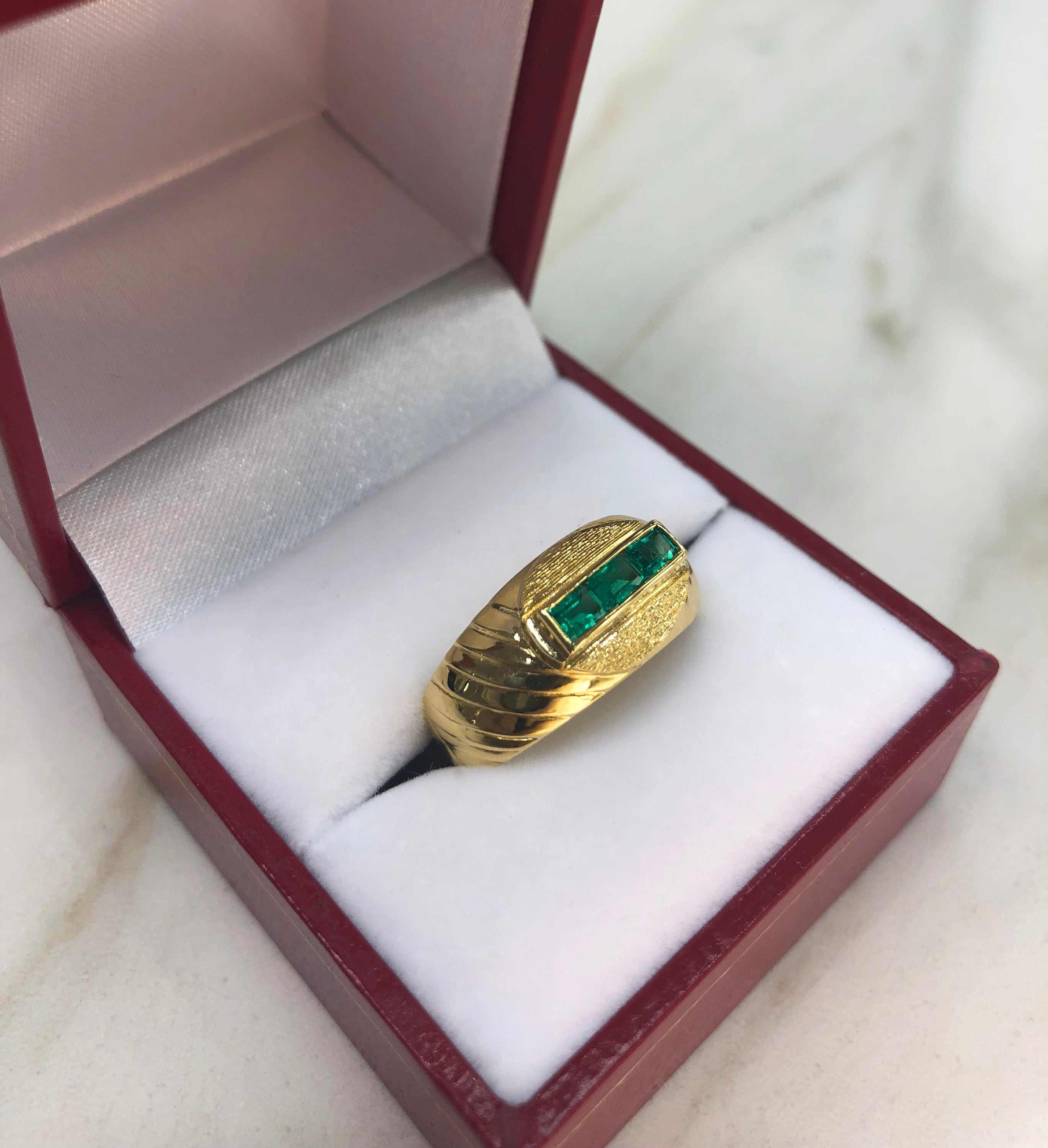 0.60tcw Deep Green Emerald Channel Set 14K Gold Men's Ring - Elegant Wedding Band, Anniversary Gift for Him, Perfect for Formal Occasions & Special Events