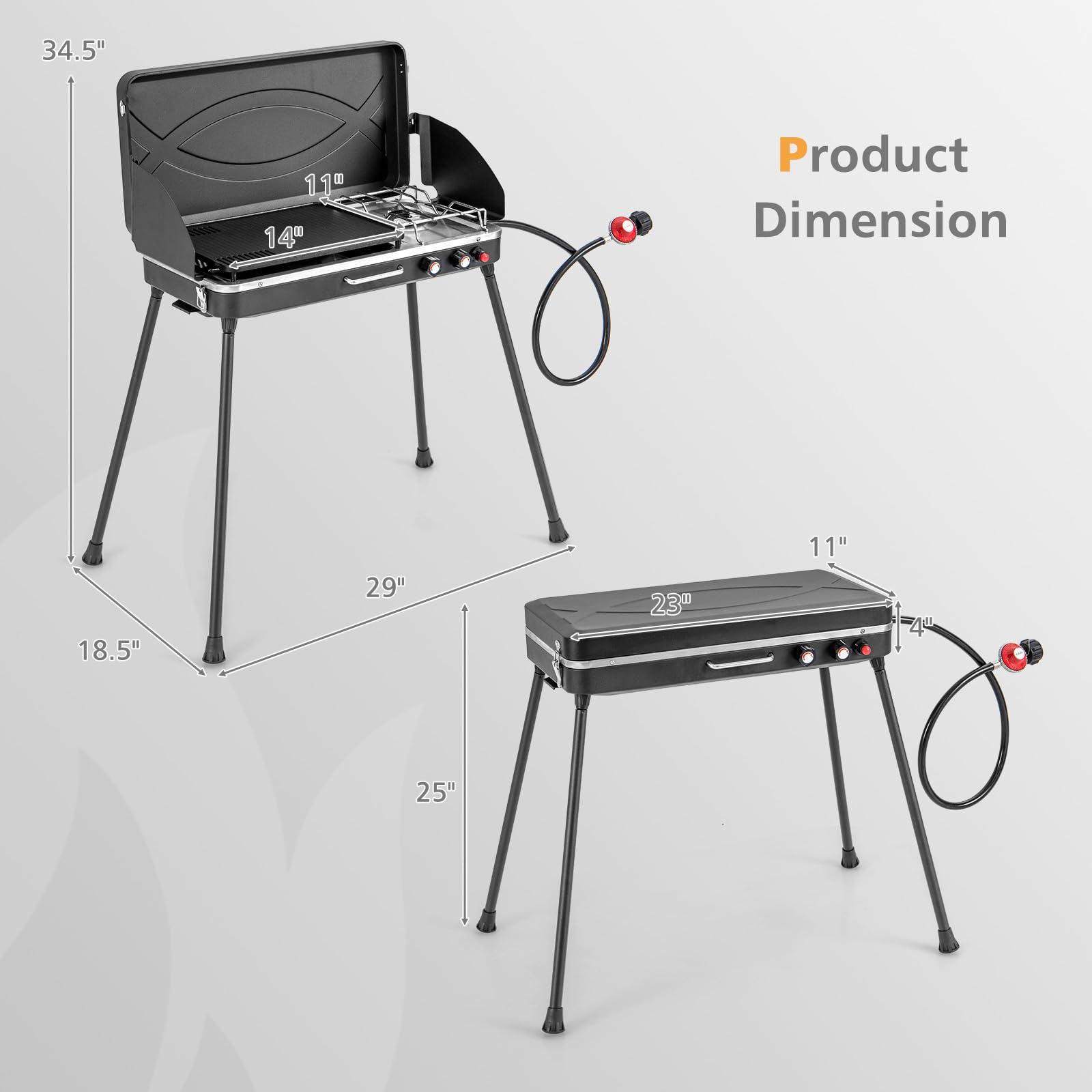 2-Burner Propane Camping Stove - Portable Outdoor Grill with Detachable Legs & Wind Screen - 22,000 BTU High Power for Camping, BBQ, Picnics - Perfect for Backpacking, Tailgating & RV Trips - Black