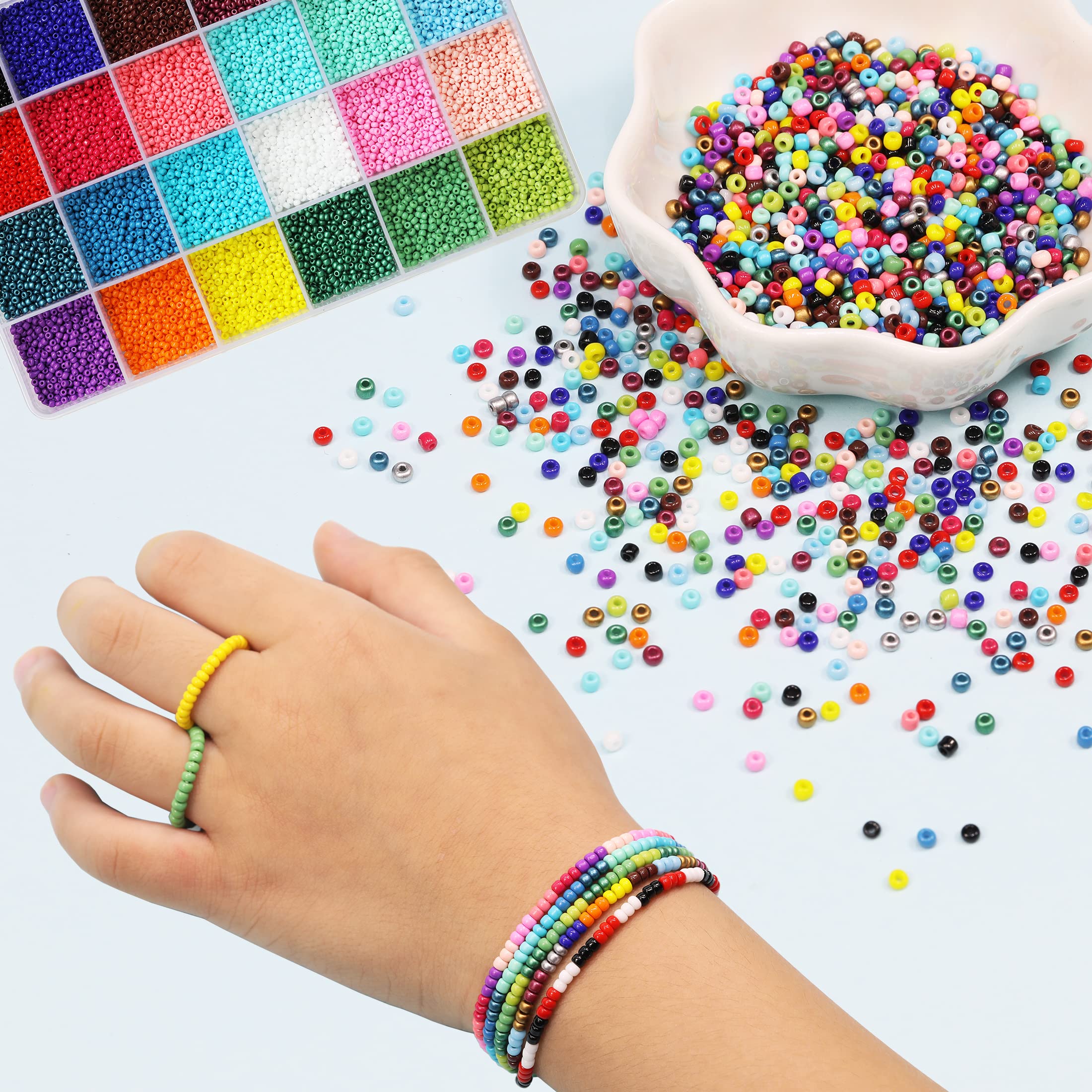 2mm Glass Seed Beads Kit - 24 Vibrant Colors (14,400pcs) | 12/0 Small Beads for Jewelry Making | Includes 24-Grid Storage Box | Perfect for Bracelets, Necklaces & DIY Crafts