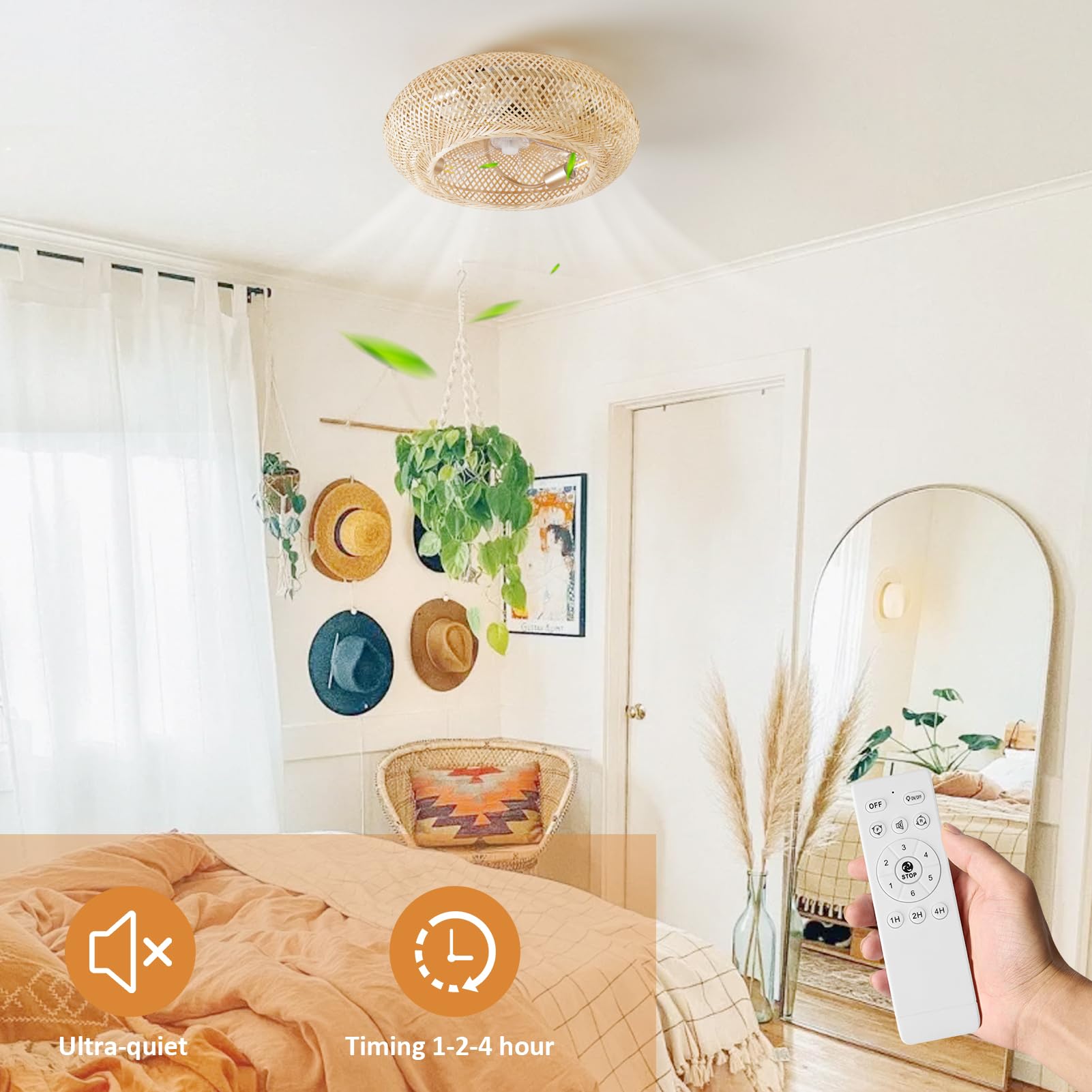 Boho Rattan Ceiling Fan with Lights and Remote Control - 20
