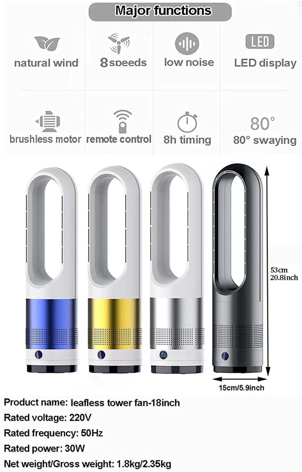 Bladeless Tower Fan with Remote Control - 8 Speed Settings, LED Display, 8H Timer & 80° Oscillation - Quiet Cooling Fan for Bedroom, Office, Living Room - Easy Clean Grey Floor/Table Fan (Ideal for Summer, Home, Workspace & Nursery)