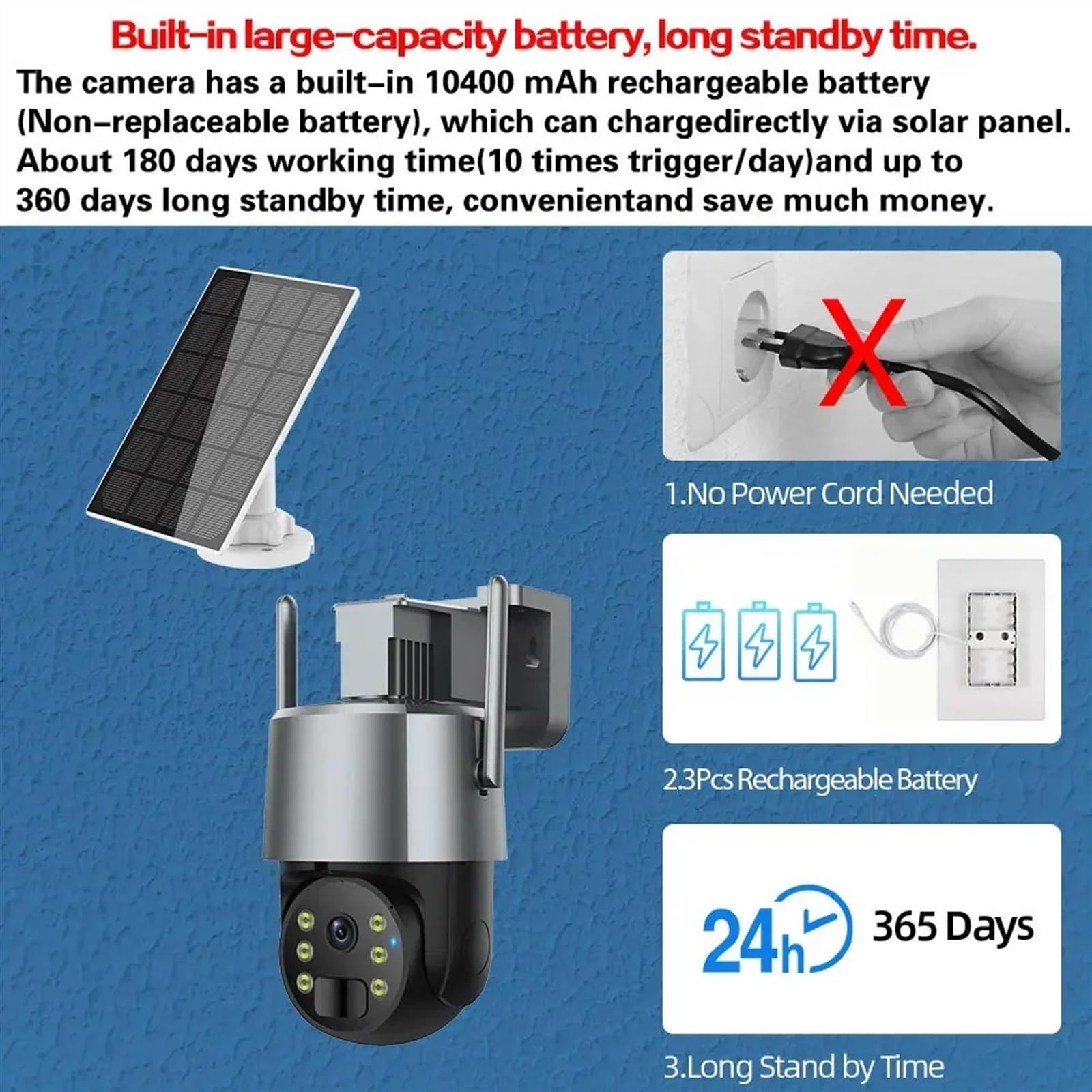 5MP Solar PTZ Wireless Security Camera - IP66 Waterproof Outdoor Surveillance with Color Night Vision, Motion Detection & Solar Battery (Battery Only) | Ideal for Home, Business & Property Security Monitoring