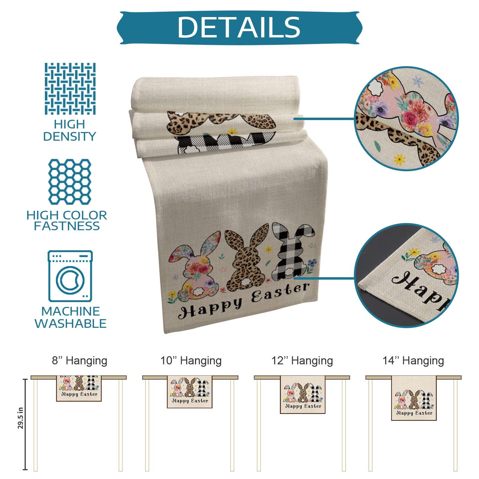 Easter Bunny Table Runner - 18x72 Inch Cute Rabbit Leopard Stripe Spring Floral Decorative Tablecloth for Easter Day Dinner, Kitchen, Dining Room & Party Decor - Perfect for Spring Celebrations, Holiday Gatherings and Festive Home Decorations