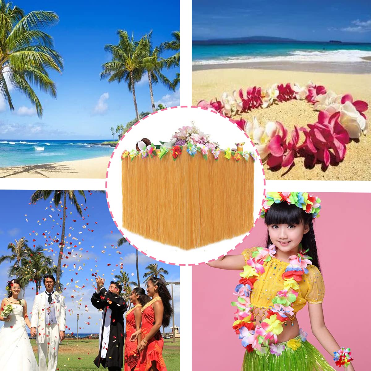 Hawaiian Grass Table Skirt 9ft - Tropical Luau Party Decor with Hibiscus Flowers for Island Theme Party, Army Green - Perfect for Hawaiian Luau, Beach Weddings & Summer Backyard Decorations