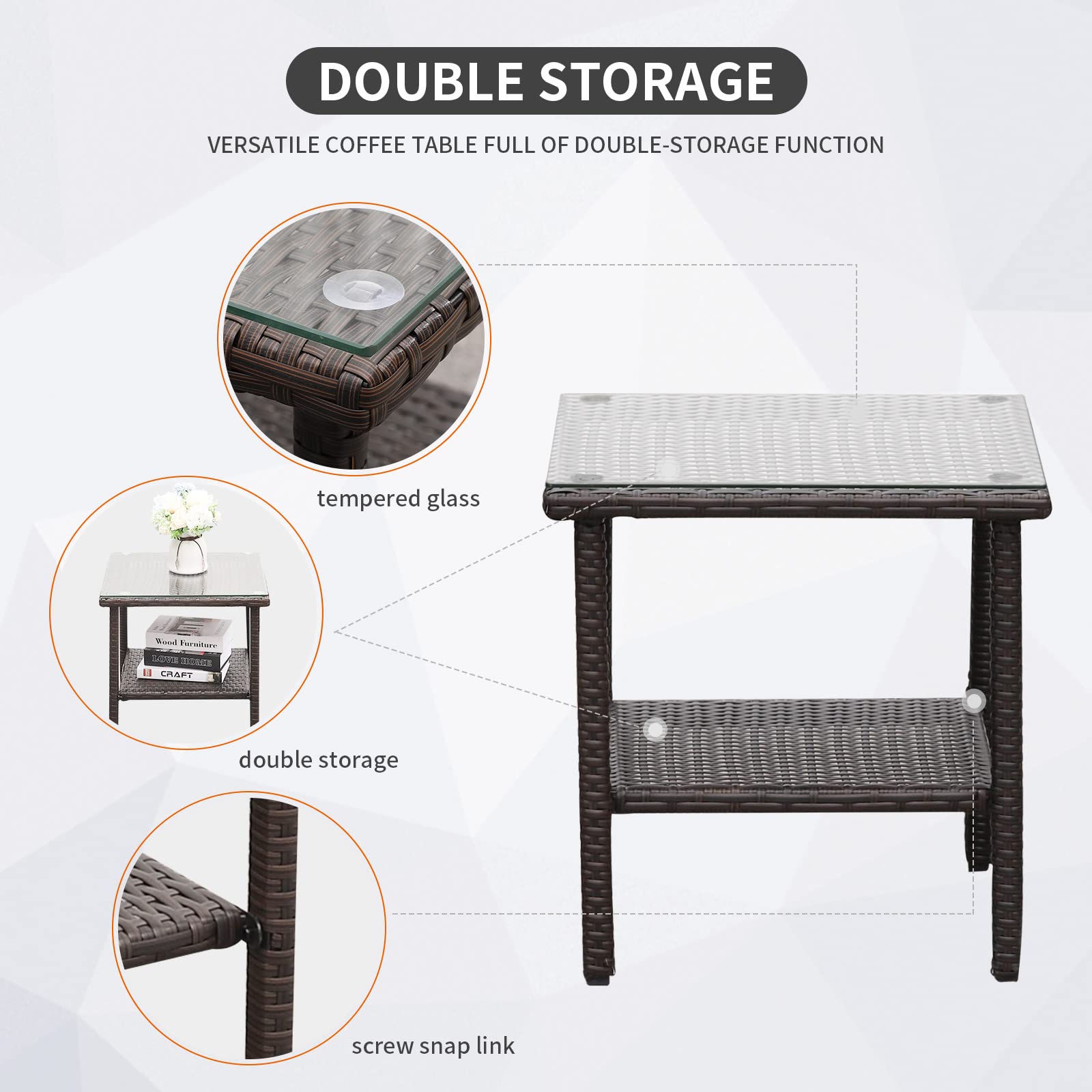Outdoor PE Wicker Rocking Chair Set - 3-Piece Patio Furniture with 2 Rocking Armchairs & Glass Coffee Table, Washable Rattan Cushions (Khaki) - Perfect for Garden, Porch, and Backyard Relaxation