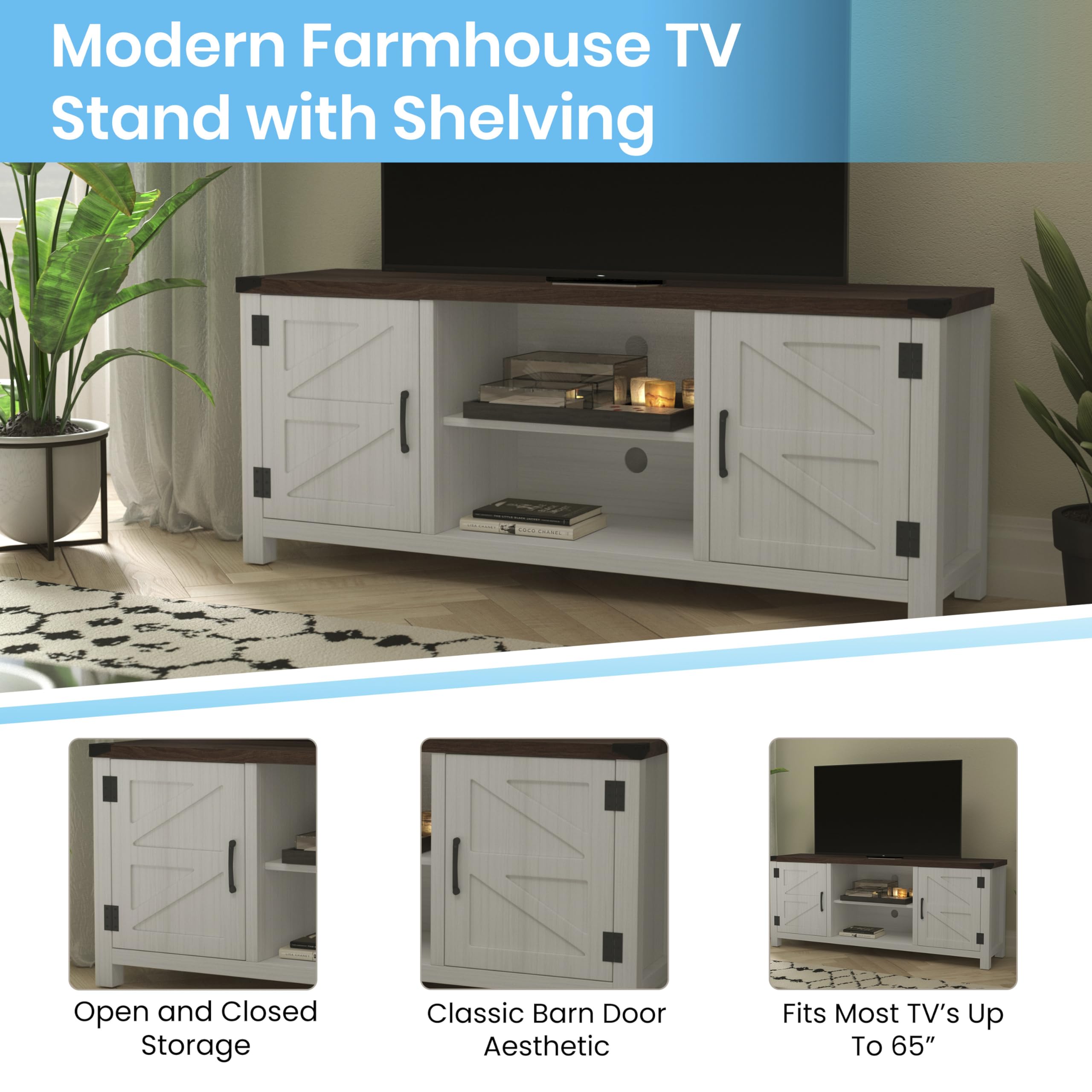 Modern Farmhouse Barn Door TV Stand - White Wash 59 Inch Entertainment Center for 65 Inch TVs - Adjustable Middle Shelf - Perfect for Living Room, Bedroom & Home Theater Decor