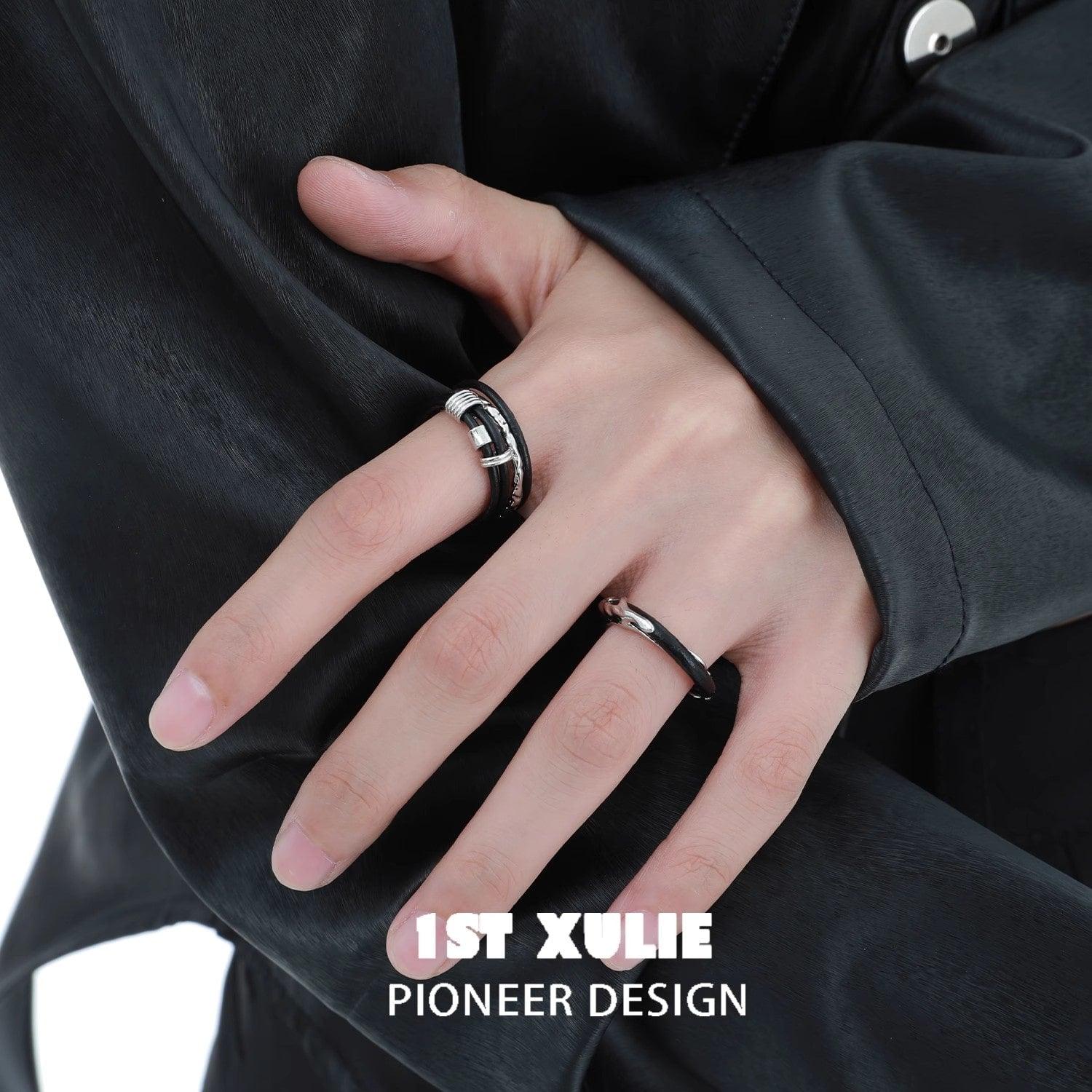 Black Mirror Cowhide Sterling Silver 925 Adjustable Ring for Women & Men - Boho Chic Jewelry for Everyday Wear, Gift Giving & Special Occasions