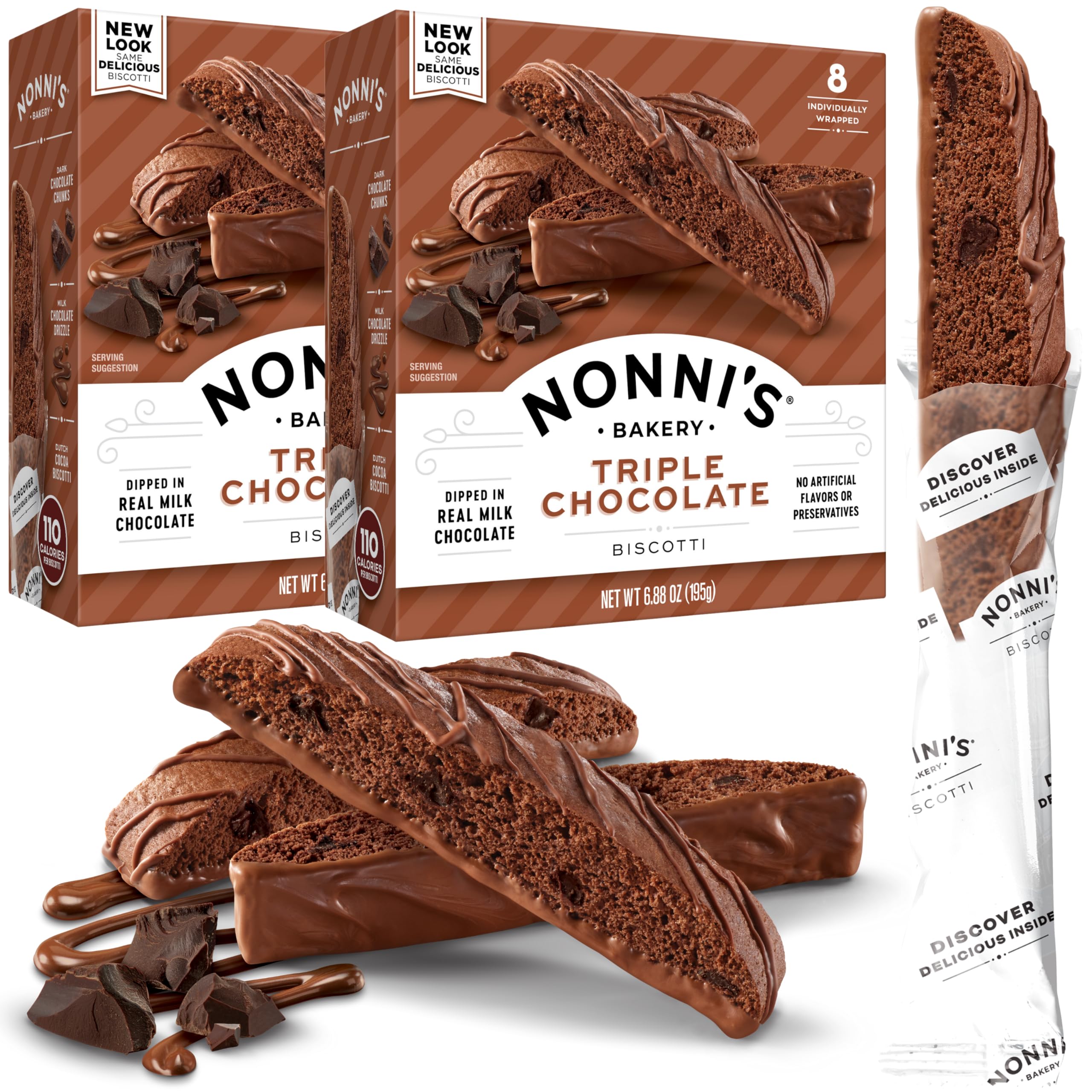 Nonni's Triple Chocolate Biscotti Italian Cookies - 2 Boxes (6.88 oz Each) Dark Chocolate Dipped Italian Biscotti, Individually Wrapped, Kosher Certified - Perfect for Coffee Pairing, Gifts & Dessert Platters