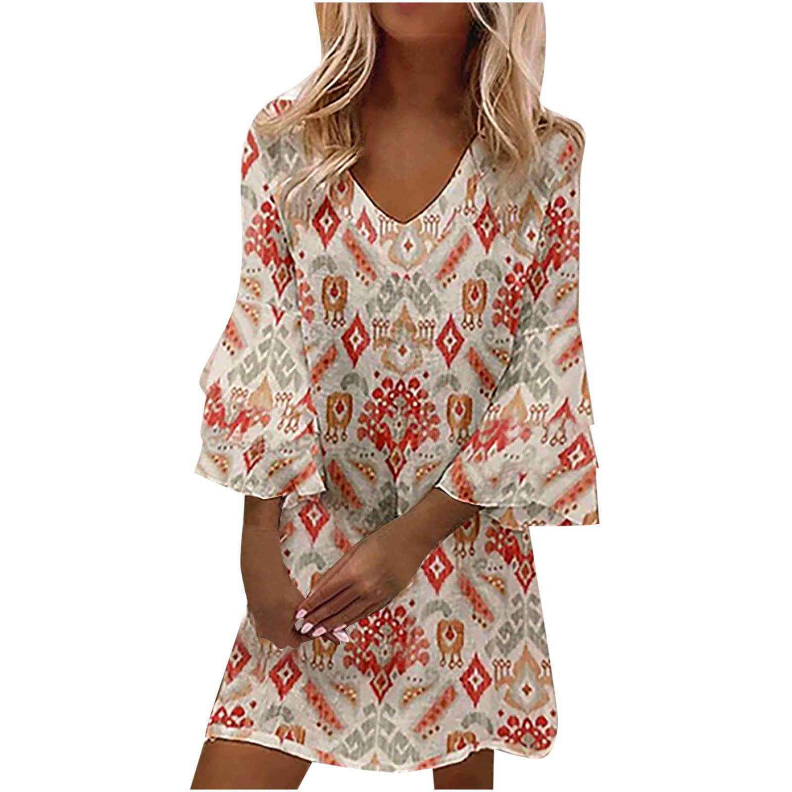 Women's Summer Dresses 2022 - Casual V-Neck Floral Print 3/4 Sleeve Boho Mini & Midi Dresses | A-Line Flared Skirt for Beach, Vacation & Outdoor Parties