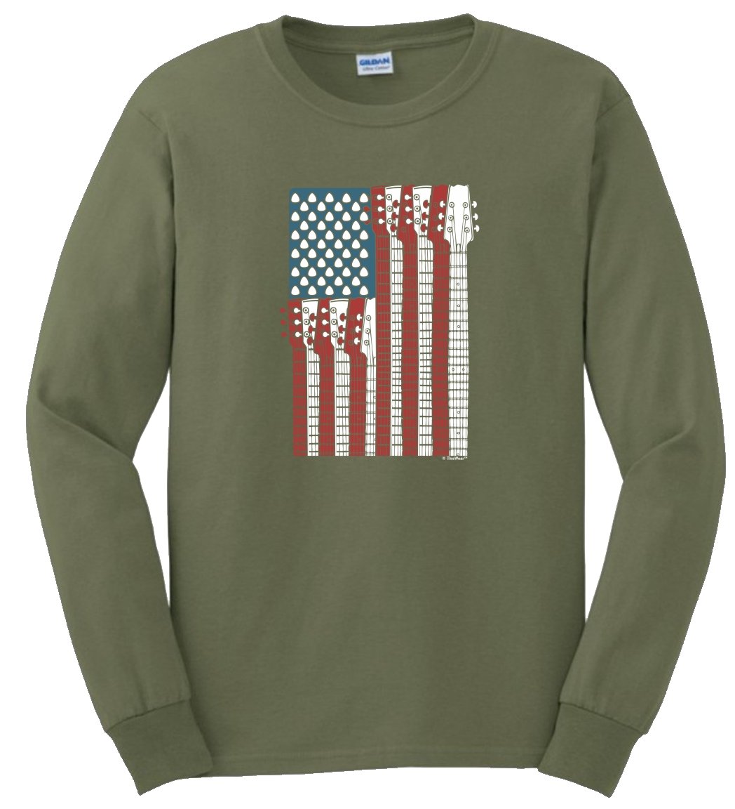 American Flag Guitar T-Shirt - Patriotic USA Music Gift for Guitar Lovers - Long Sleeve Cotton Tee - Perfect for Concerts, Band Practice & 4th of July Celebrations