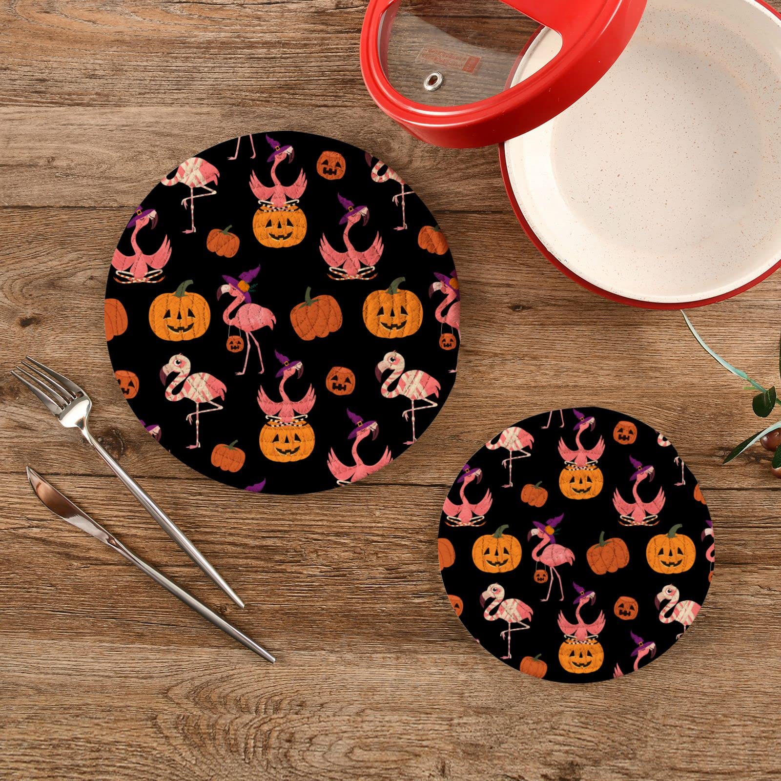 **Pink Flamingo Halloween Trivets - 2 Pack Heat Resistant Pot Holders for Hot Dishes, Pans & Bowls - Autumn Cotton Weave Kitchen Decor for Thanksgiving & Fall Parties**    *(Use for holiday dinners, pumpkin decor, or as festive kitchen accents!)*