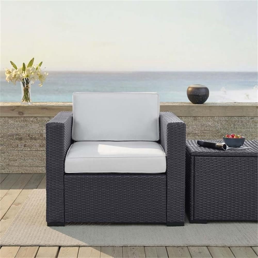 White/Brown Wicker Rattan Fabric Patio Arm Chair - Outdoor Garden, Poolside, or Balcony Relaxation Furniture