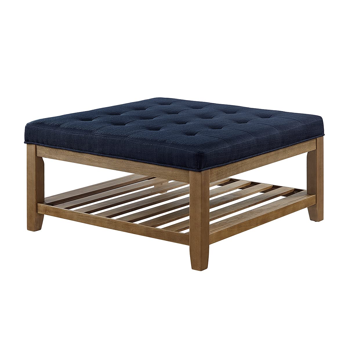 24KF Large Square Upholstered Tufted Linen Ottoman with Solid Wood Shelf - Navy Blue Footrest Stool for Living Room, Bedroom & Home Decor