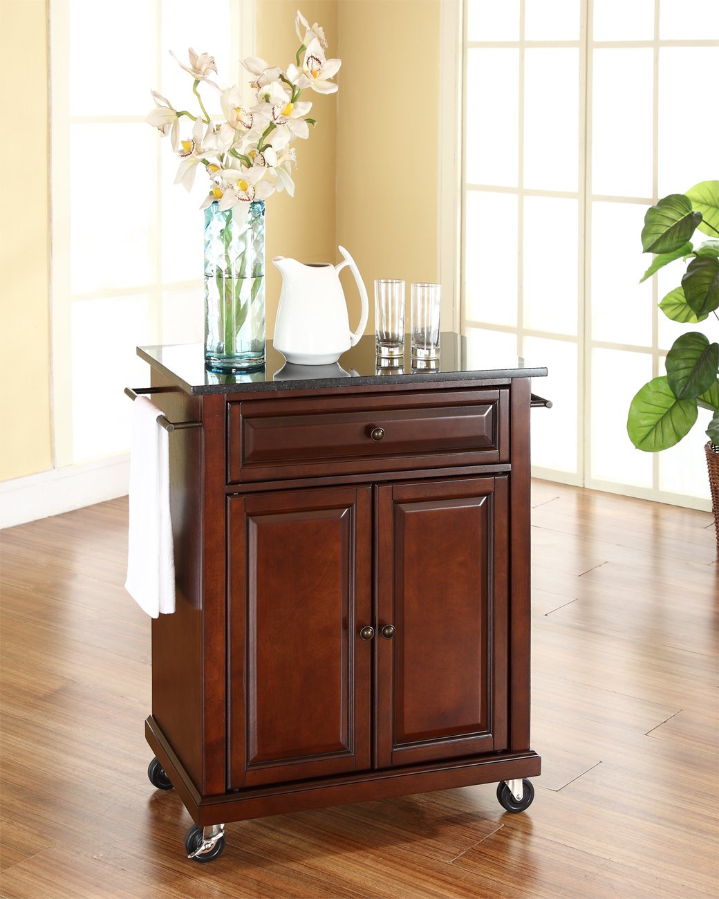 Crosley Compact Granite Top Rolling Cart with Shelves - Microwave Stand with Towel Rack, Mahogany Kitchen & Bathroom Organizer for Small Spaces