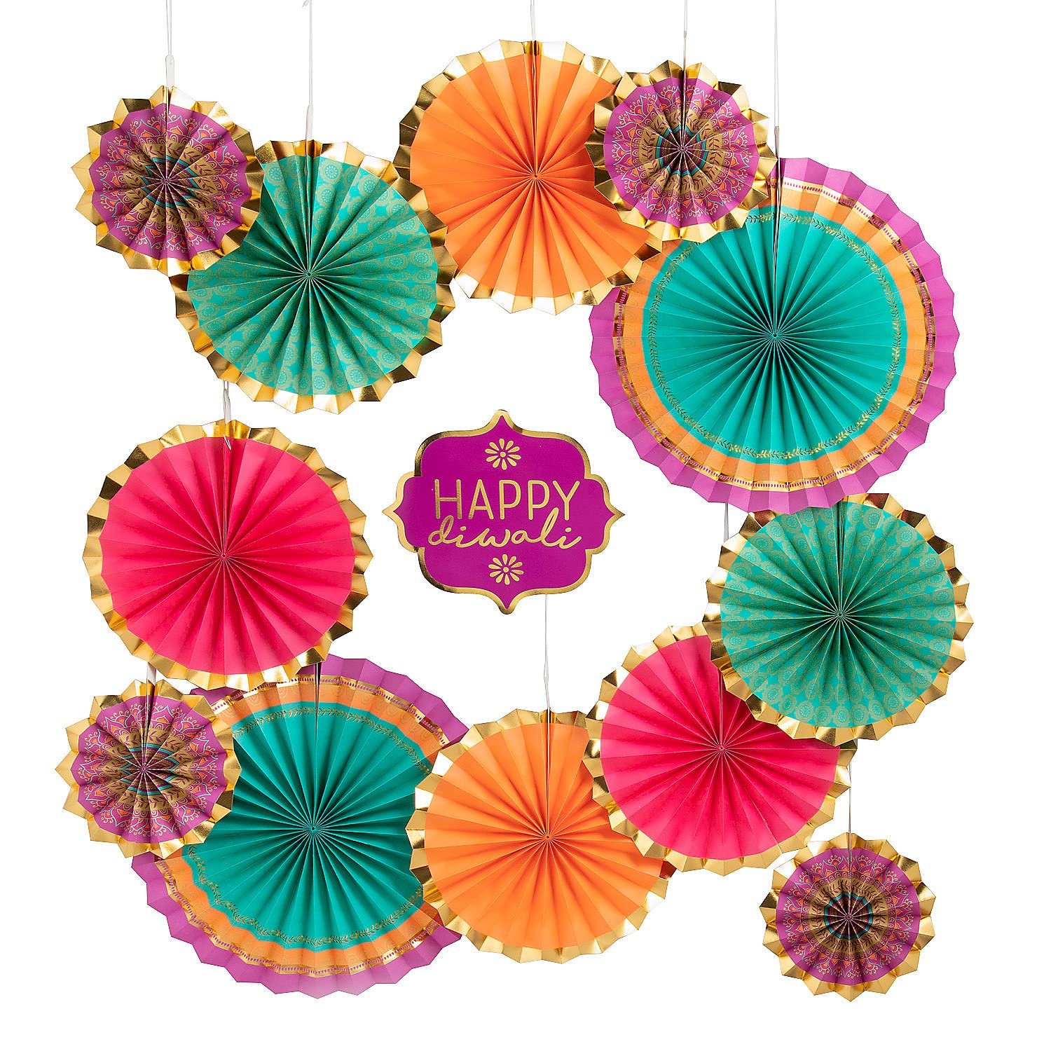 Diwali Hanging Paper Fan Decorations - 13 Piece Indian Festival Party Supplies for Home, Wedding & Diwali Celebration Decor