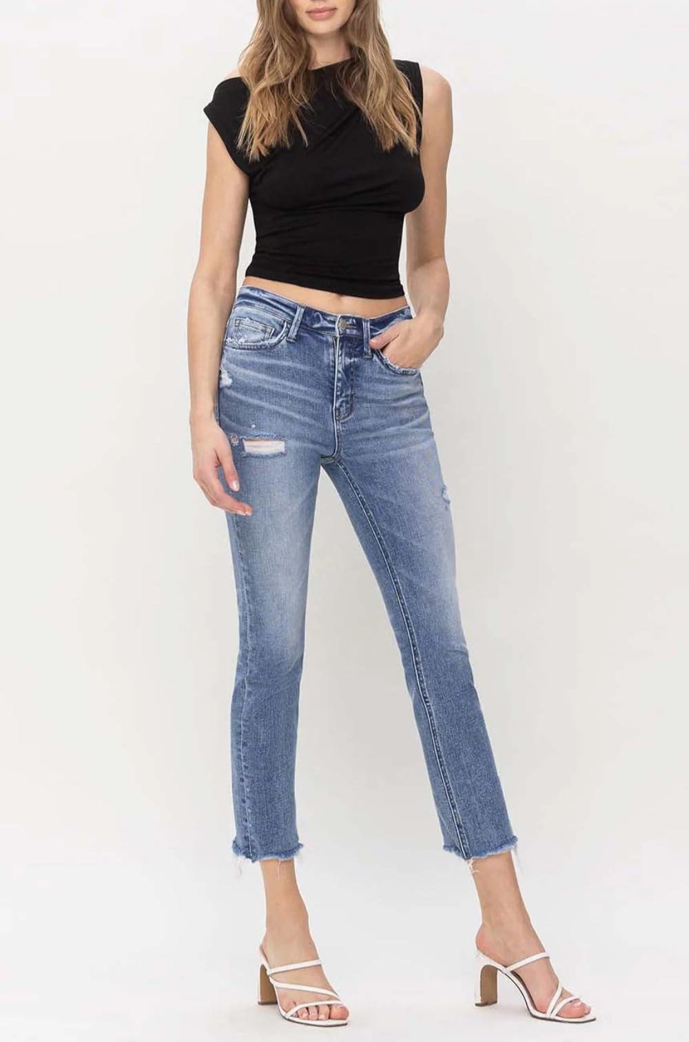 Flying Monkey Women's High Rise Slim Straight Jeans with Raw Hem - F5160 | Comfortable & Stylish for Casual Wear, Work & Everyday Outfits