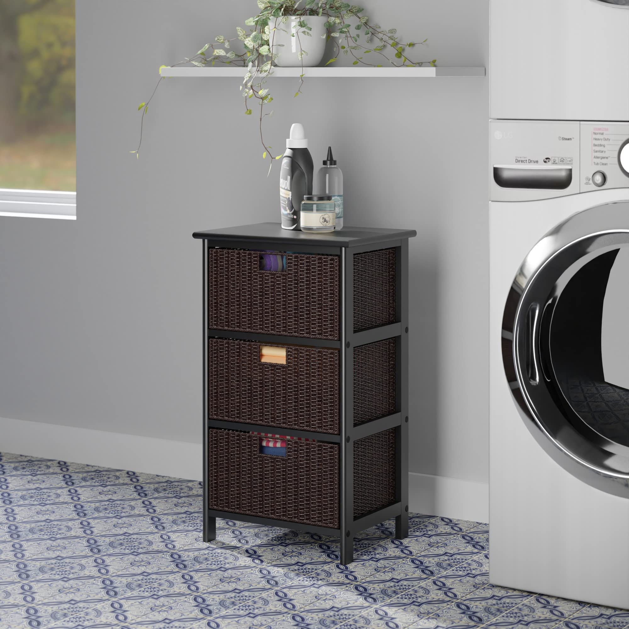 Winsome Omaha 3-Tier Storage Rack with Baskets - Black | Space-Saving Organizer for Bedroom, Bathroom, Kitchen & Office