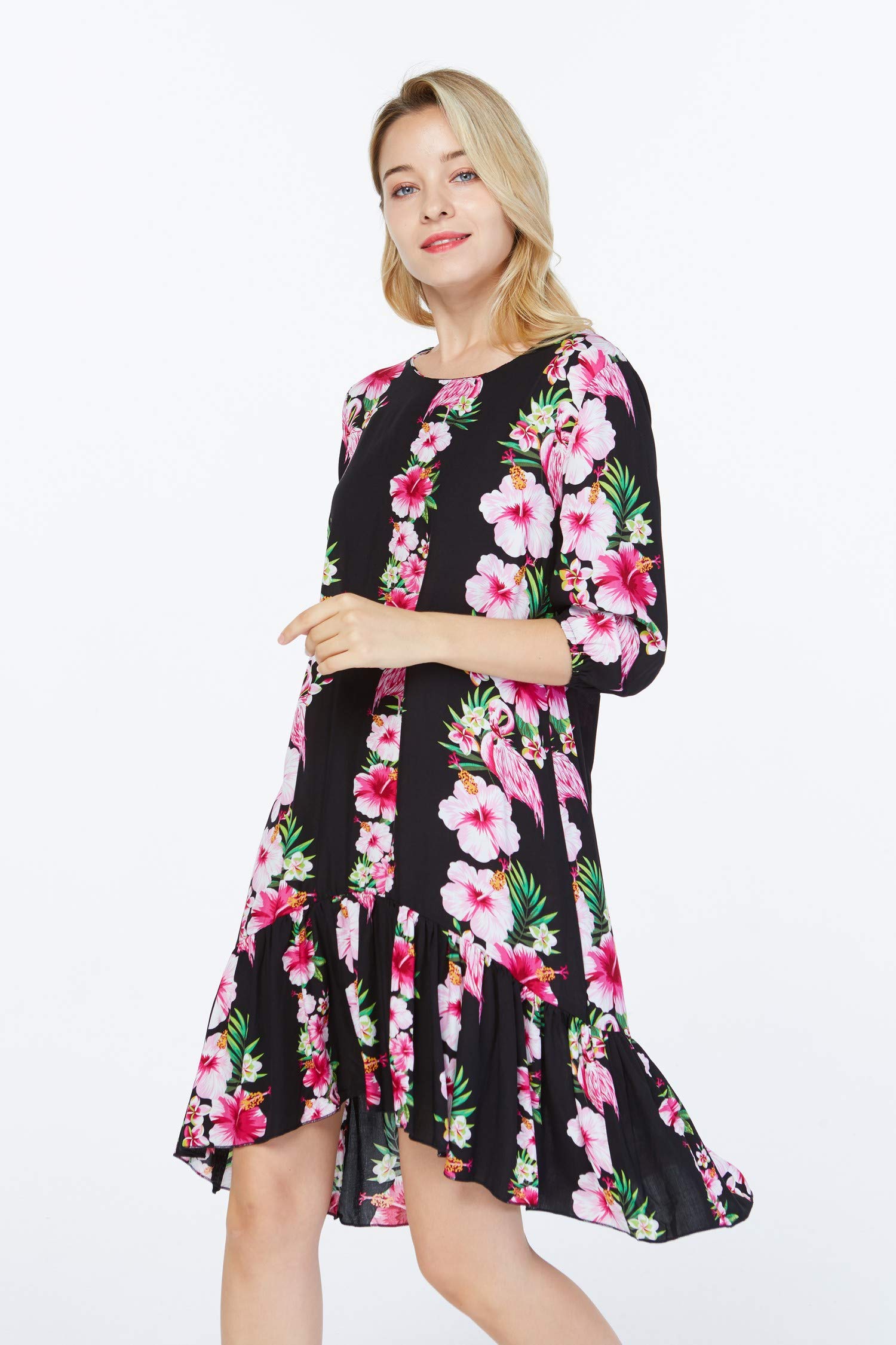 Women's Hawaiian 3/4 Sleeve Mermaid Ruffle Tunic Dress - Pink Hibiscus Floral Print Beach Party Dress for Summer Vacation, Luau, and Tropical Getaways
