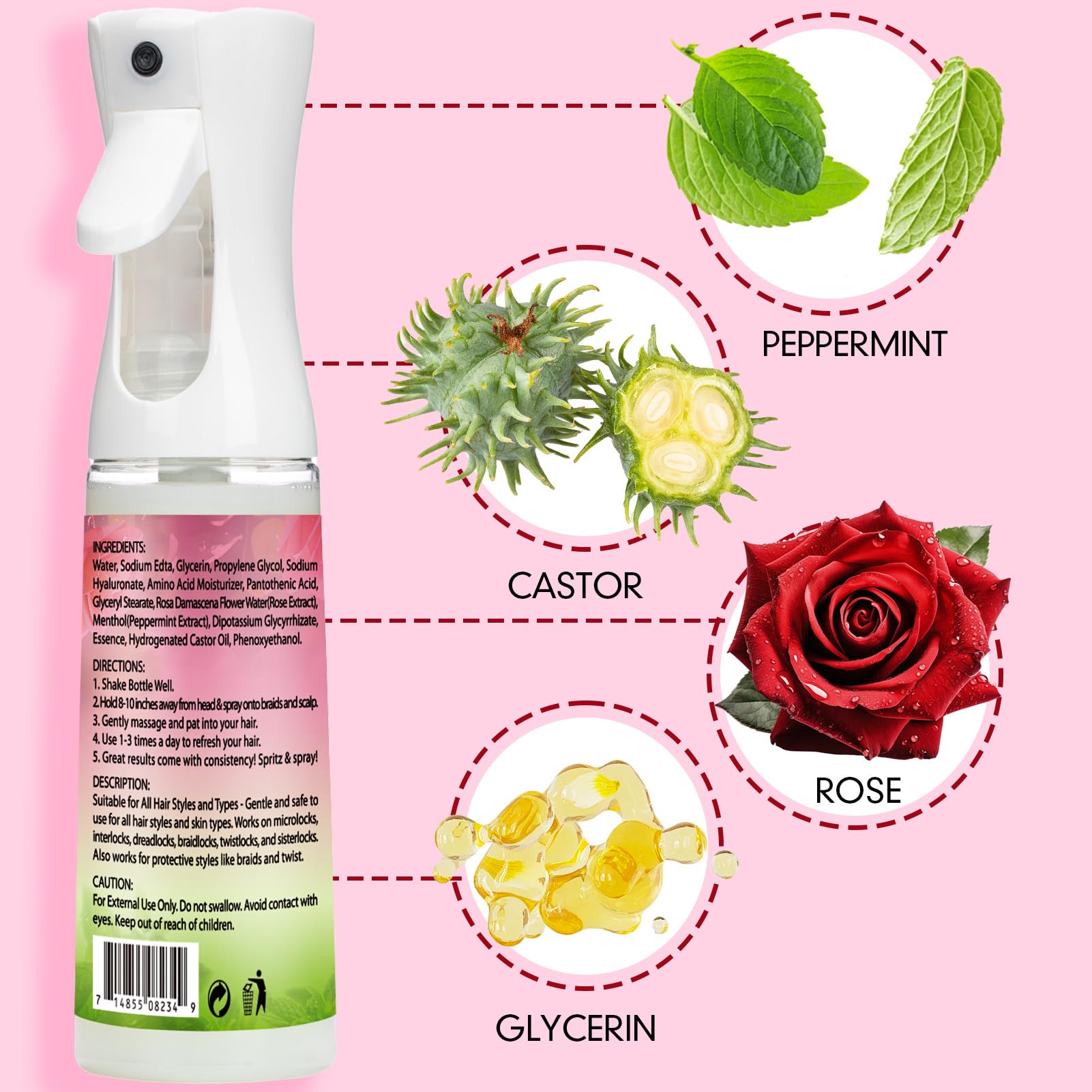 Organic Rose Water & Peppermint Hair Spray for Locs & Dreadlocks - Hydrating Scalp Moisturizer with Natural Ingredients - Refreshing & Nourishing Treatment for Dry Hair - Perfect for Daily Hydration & Scalp Care Routine