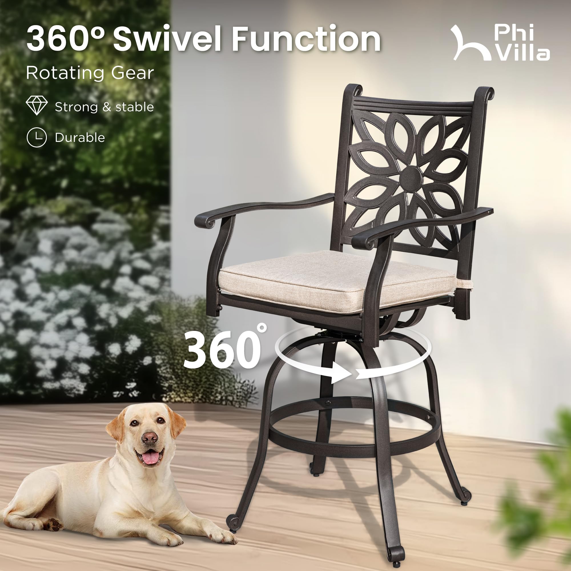 PHI VILLA 3-Piece Outdoor Patio Furniture Set - Brown Cast Aluminum High Top Table with Swivel Bar Stools & Cushions - Durable Bistro Pub Set for Garden, Deck, Backyard & Poolside Dining