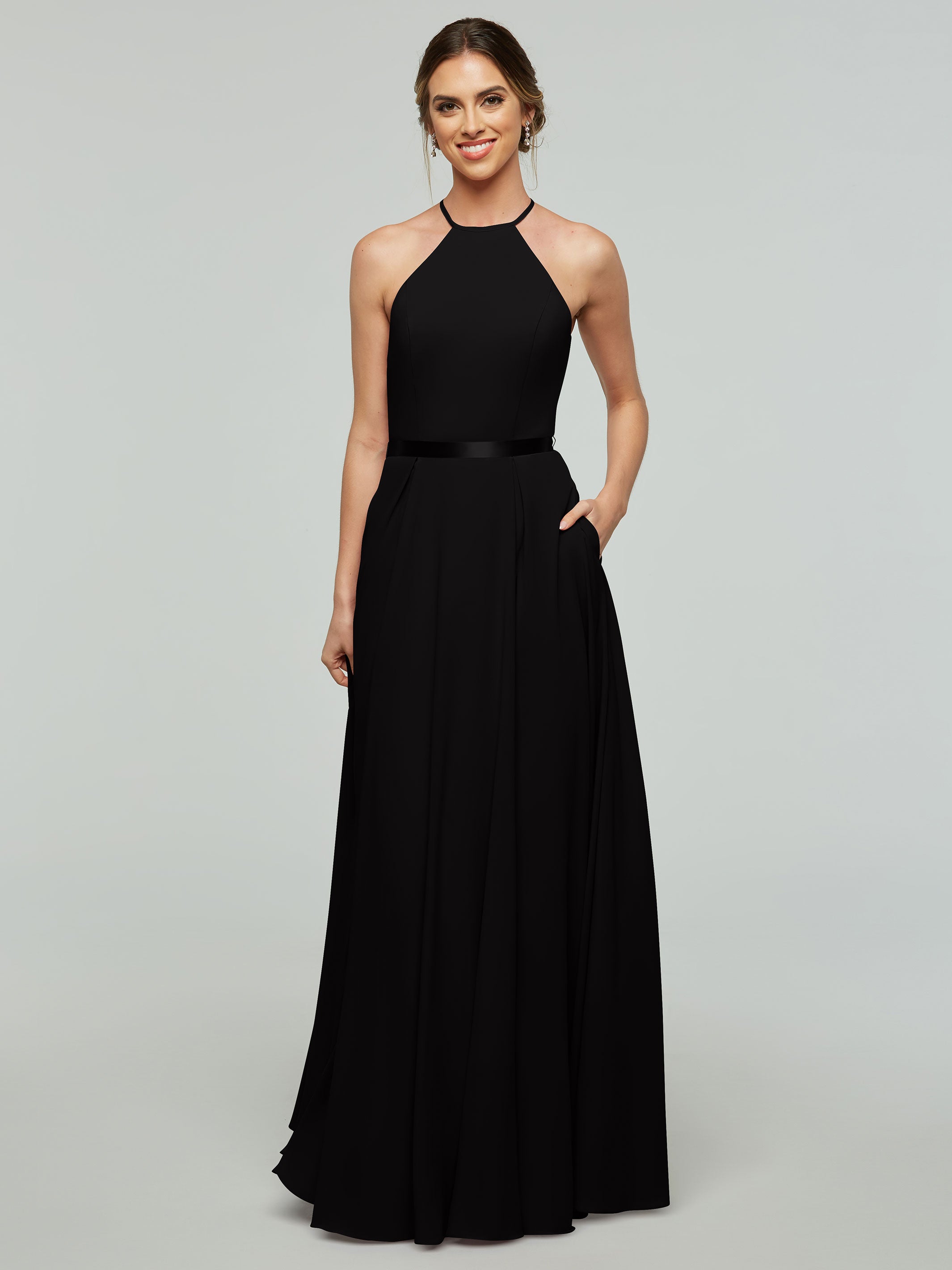 Elegant A-Line Stretch Chiffon Bridesmaid Dress with Halter Neckline & Waist Belt - Perfect for Weddings, Formal Events & Special Occasions