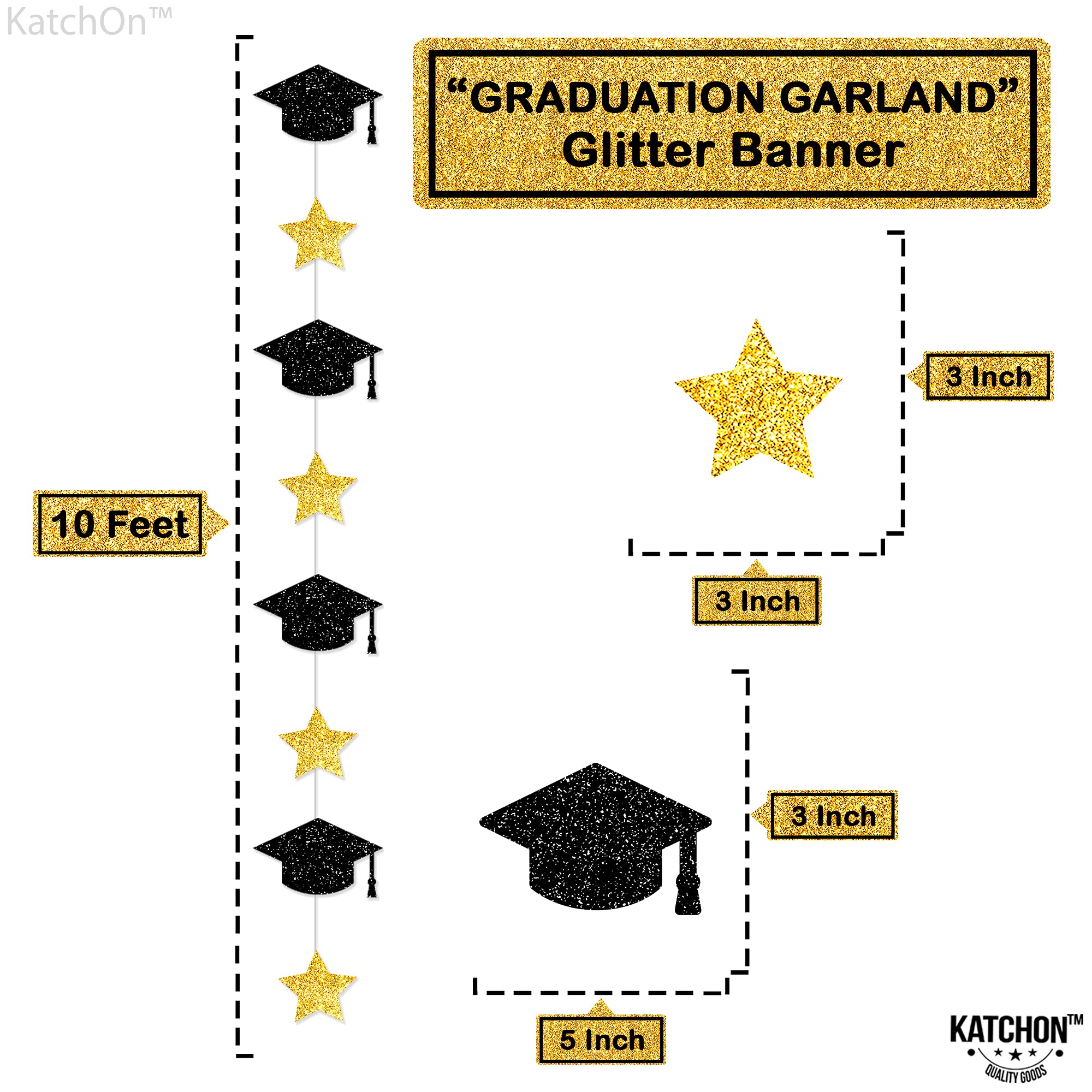 KatchOn 10 Feet Glitter Graduation Cap Garland - 8 String Black & Gold Graduation Decor 2025 | No DIY Graduation Party Supplies | Perfect for Graduation Ceremony Decorations, Photo Backdrops & College Grad Celebrations