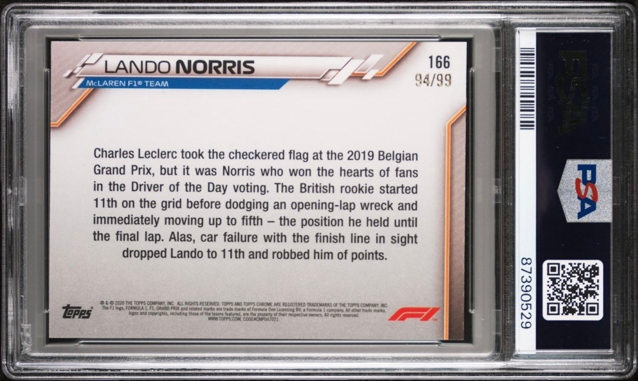 2020 Topps Chrome F1 Lando Norris #166 Aqua Rookie Card PSA 9 /99 - Perfect for F1 Collectors, Racing Fans, and Sports Memorabilia Enthusiasts