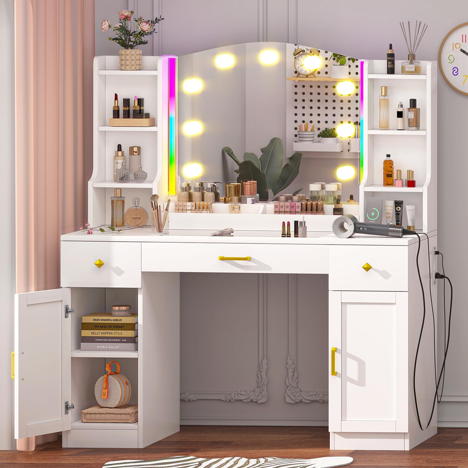 White Makeup Vanity Desk with LED Lights & Mirror - Large Dressing Table with Charging Station, Glass Top & 2 Storage Cabinets - Perfect for Bedroom, Salon & Home Beauty Setup