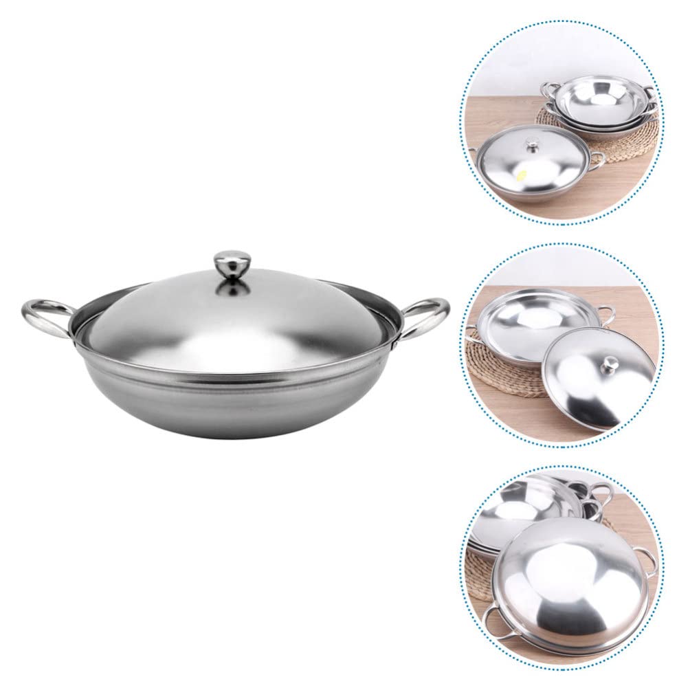 Hemoton 22cm Stainless Steel Chinese Wok Pan with Lid - Double Handle Stir Fry Skillet for Home Cooking, Outdoor Picnic & Camping - Durable Kitchen Cookware for Asian Cuisine, Stir Frying & Deep Frying