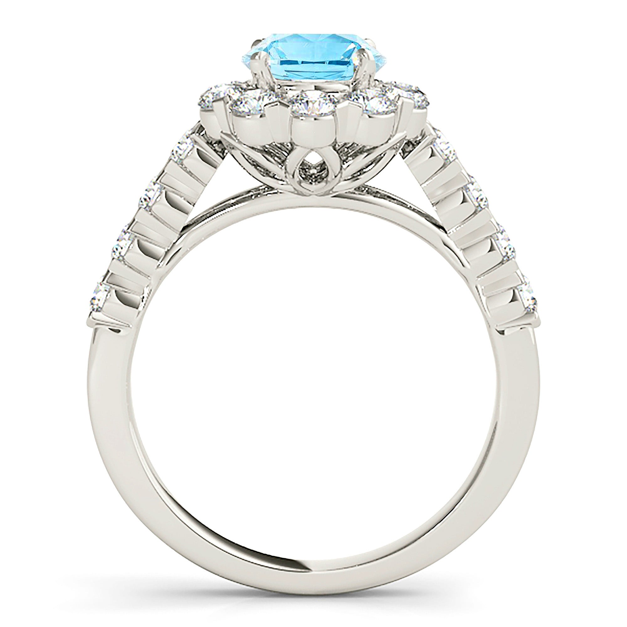1.10 Carat Genuine Aquamarine Halo Ring with Scalloped Diamond Band – Elegant Engagement, Wedding, or Anniversary Jewelry Gift for Women