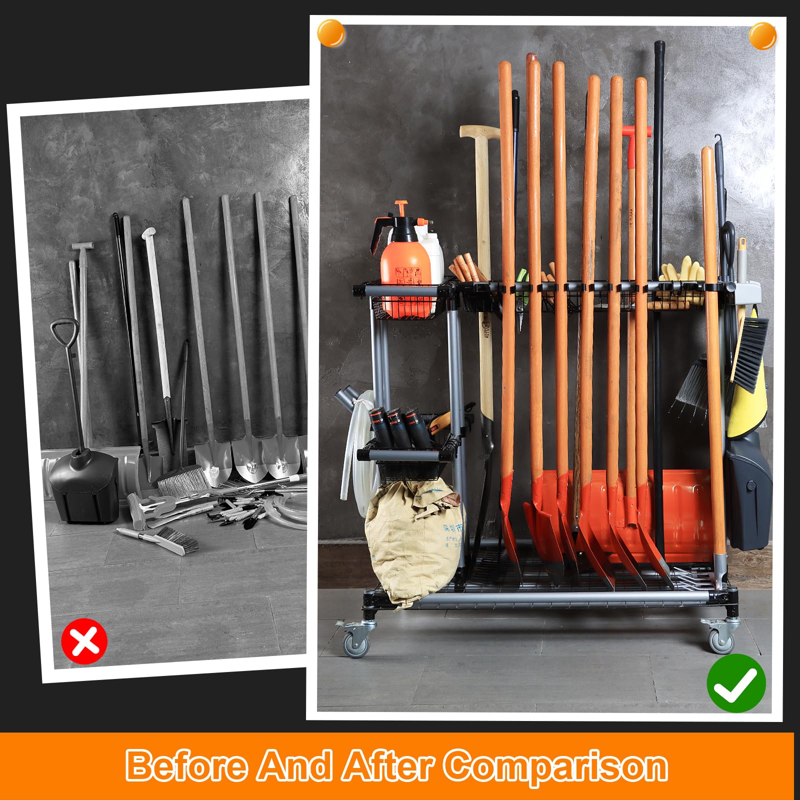 JGLDG Heavy-Duty Yard Tool Storage Rack with 4 Rolling Casters - Organize Garden Tools, Shovels & Rakes Easily - Perfect for Garage, Shed & Outdoor Storage