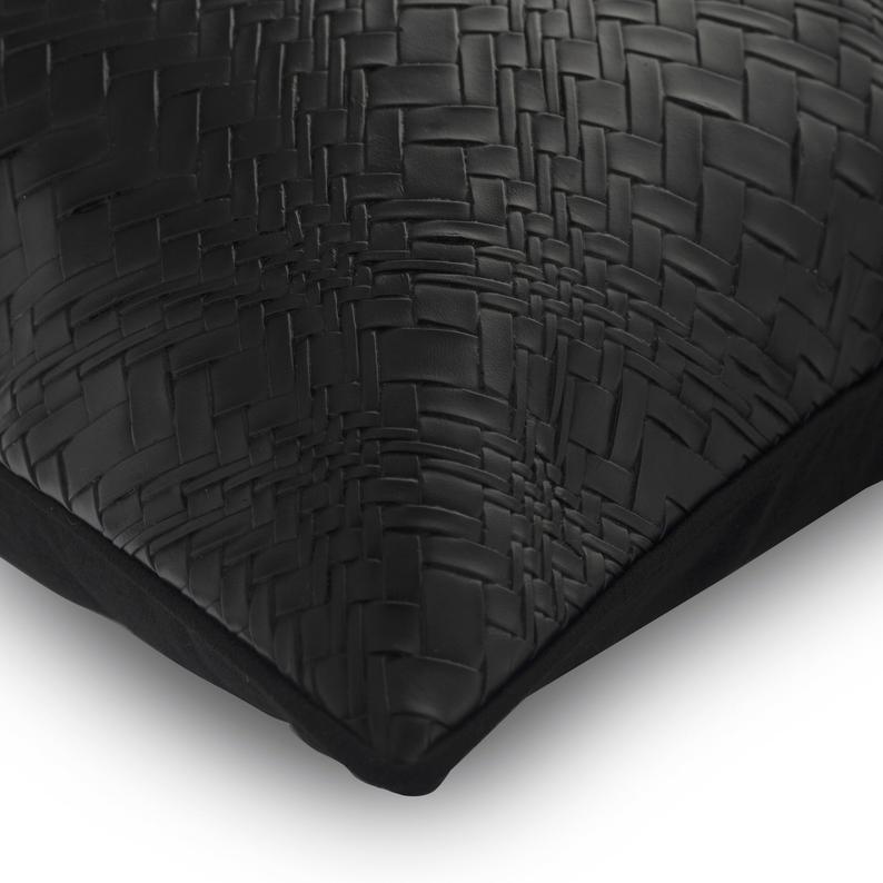 Black Diamond Black Faux Leather Decorative Euro Sham Pillow Cover - Luxury Bedroom Decor for Modern Home, Hotel & Airbnb Styling