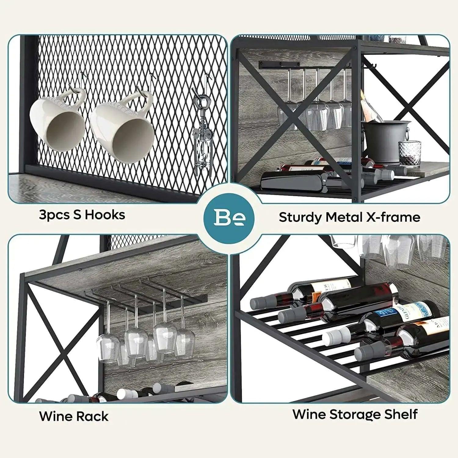 Bestier Coffee Bar Storage Cabinet with Mesh Panel and Wine Rack - Stylish Kitchen Organizer for Coffee, Wine & Bar Essentials - Perfect for Home, Office or Cafe Use