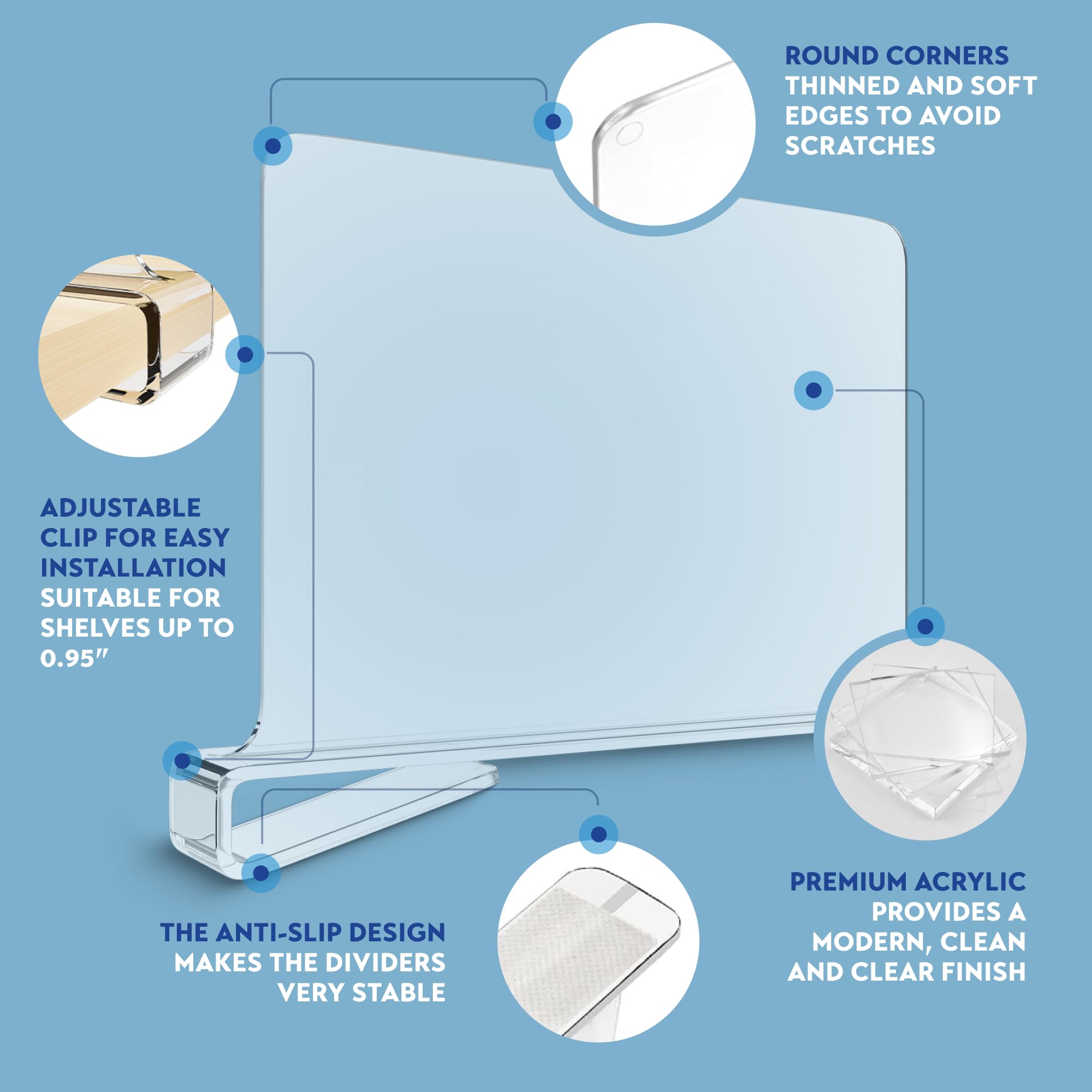Clear Acrylic Shelf Dividers for Closets - 20-Pack Wooden & Linen Closet Organizers - Sturdy, Easy Install Shelf Dividers for Pantry, Bathroom & Bedroom Storage Organization