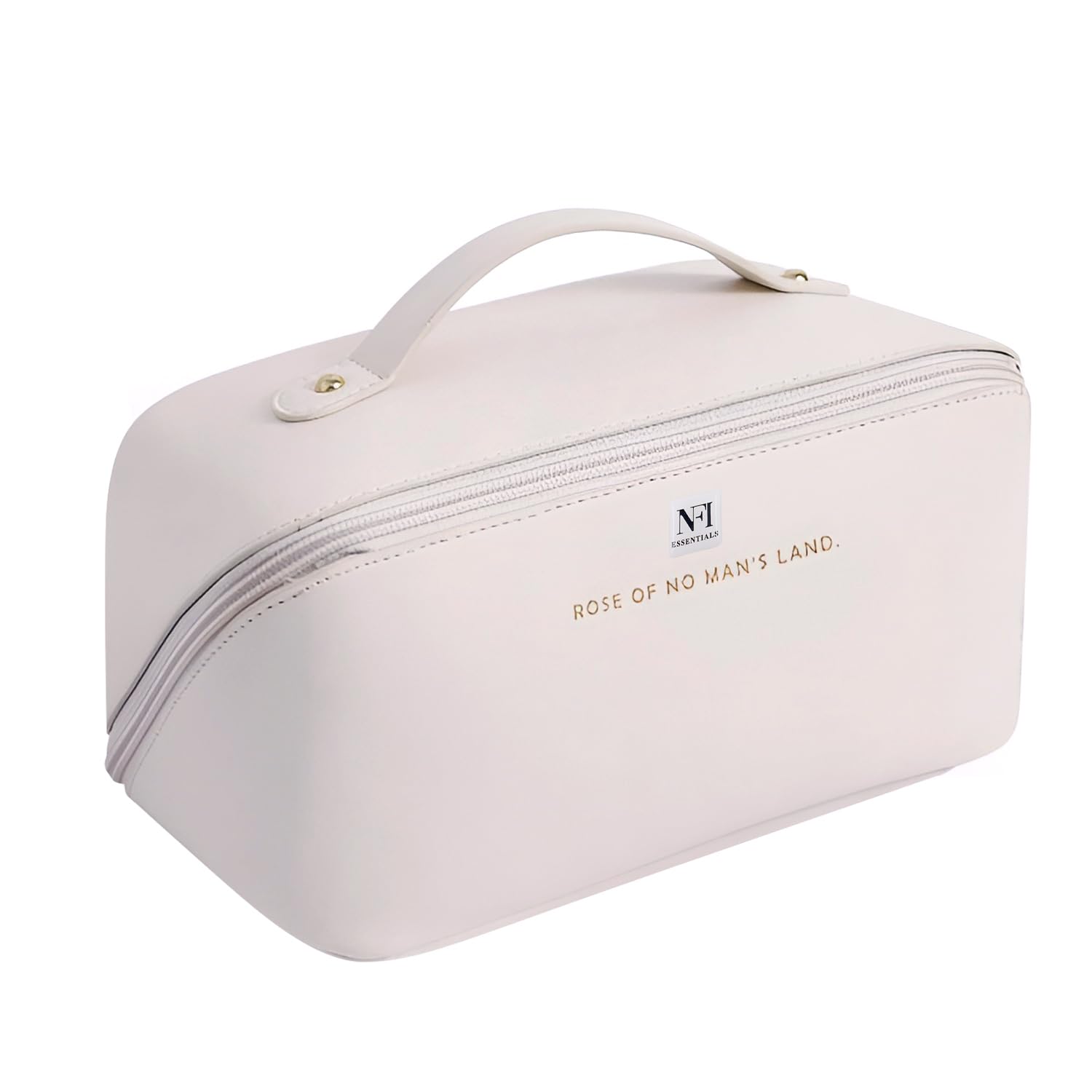 NFI Essentials Women's Leather Cosmetic Travel Organizer Bag - Portable Makeup Pouch & Toiletry Bag with Wide Opening, Handle & Divider - Perfect for Air Travel, Gym & Weekend Getaways