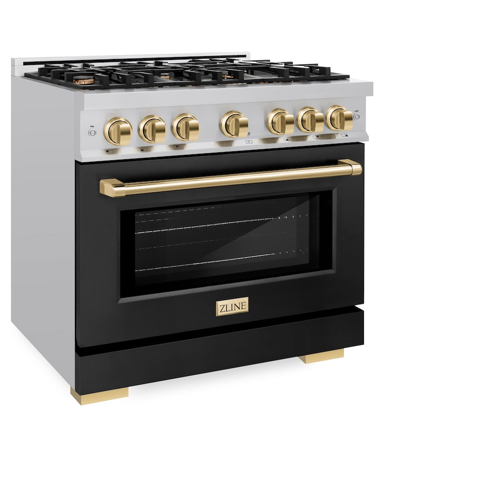 ZLINE Autograph Edition 36 Inch 5.2 Cu Ft Gas Range with 6 Burner Cooktop & Convection Oven - Stainless Steel with Black Matte Door & Polished Gold Accents - Perfect for Modern Kitchens & Professional Cooking (HGRZ BLM 36 G)