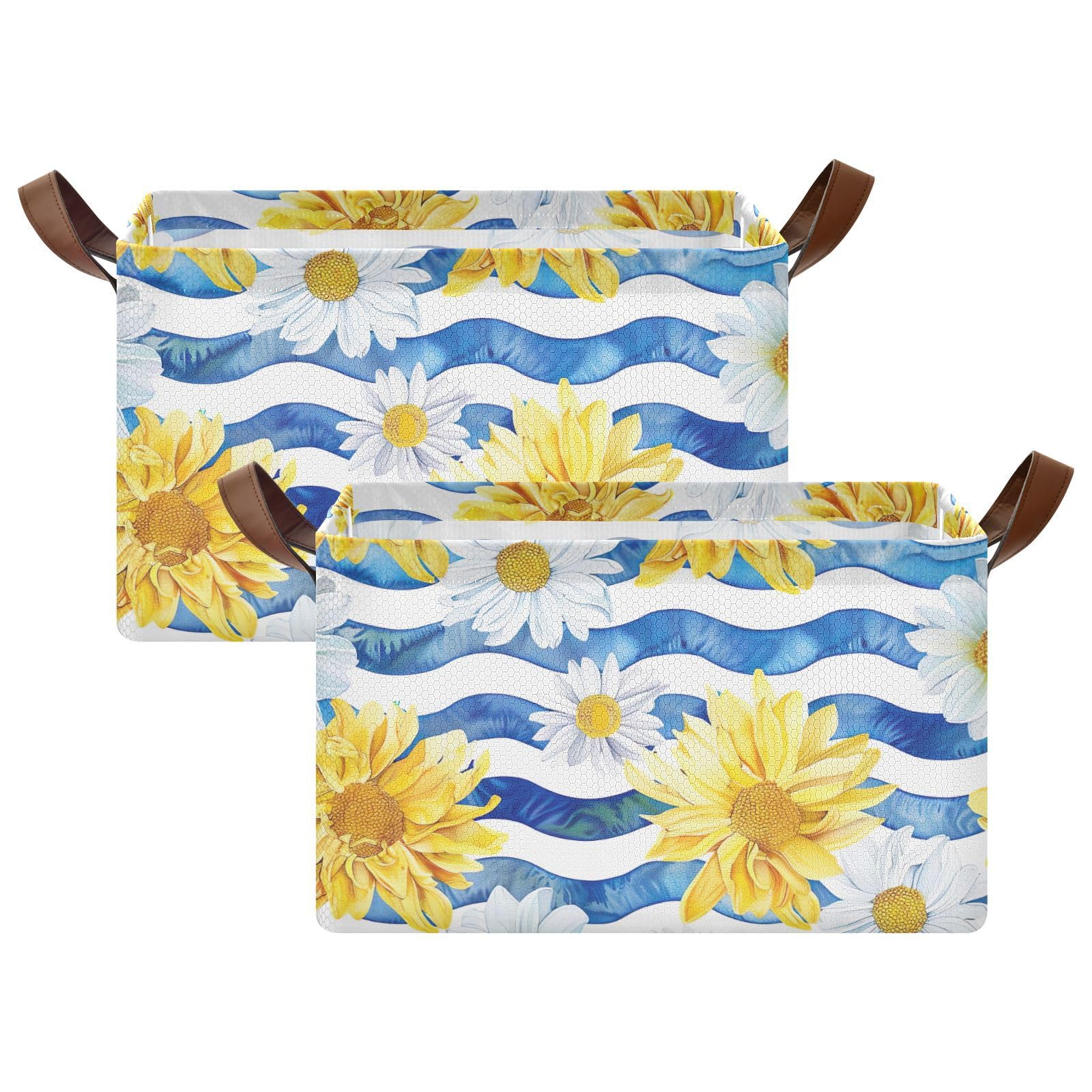 Foldable Storage Bins with Handles - 2 Pack Yellow & White Daisy Flower Pattern Shelves Cubes Baskets (16.9