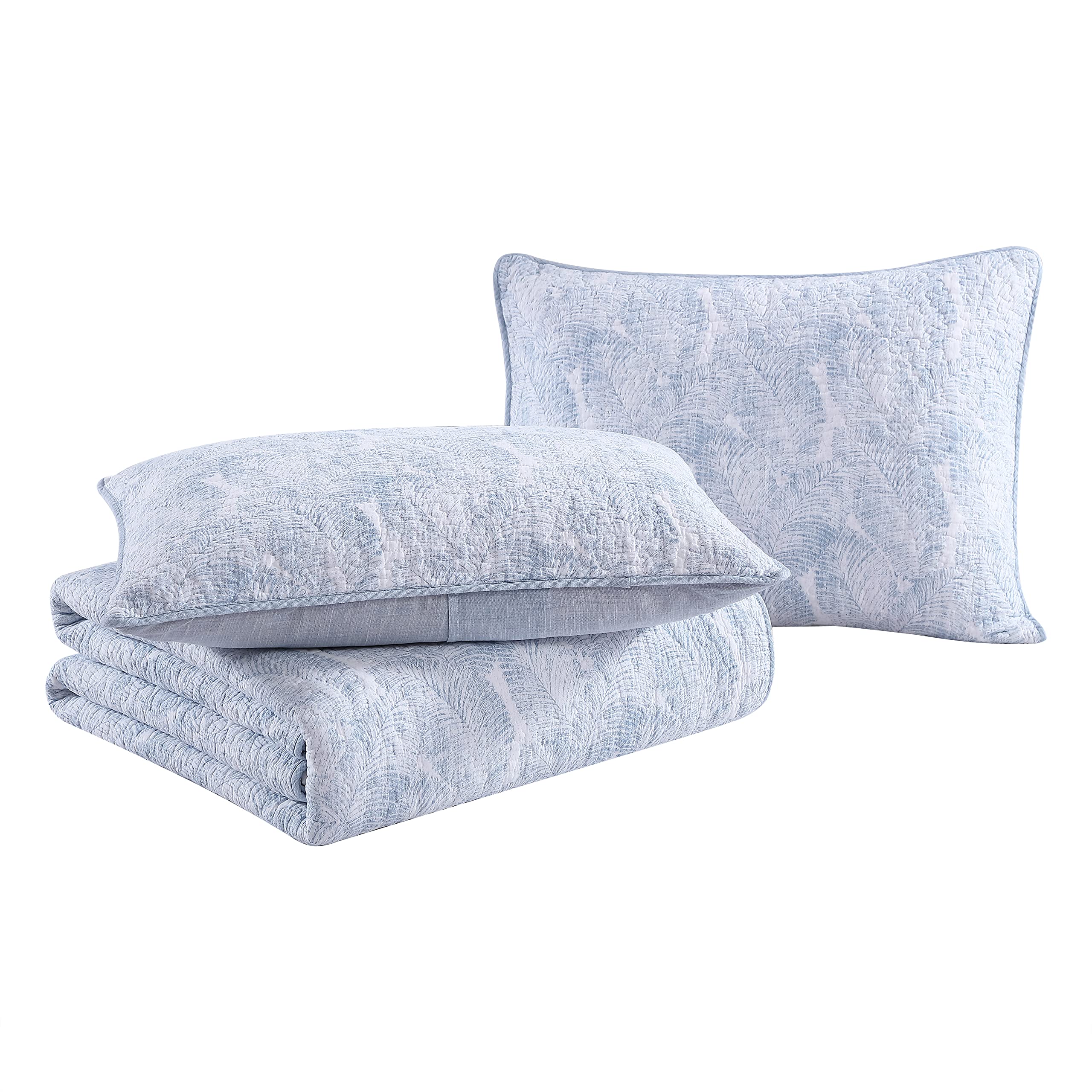 Tommy Bahama King Size Reversible Cotton Quilt Set with Matching Sham - Coastal Bedding in Distressed Water Leaves Blue, Textured Reverse for Comfort & Style | Perfect for Beach House, Guest Room & Coastal-Themed Bedrooms