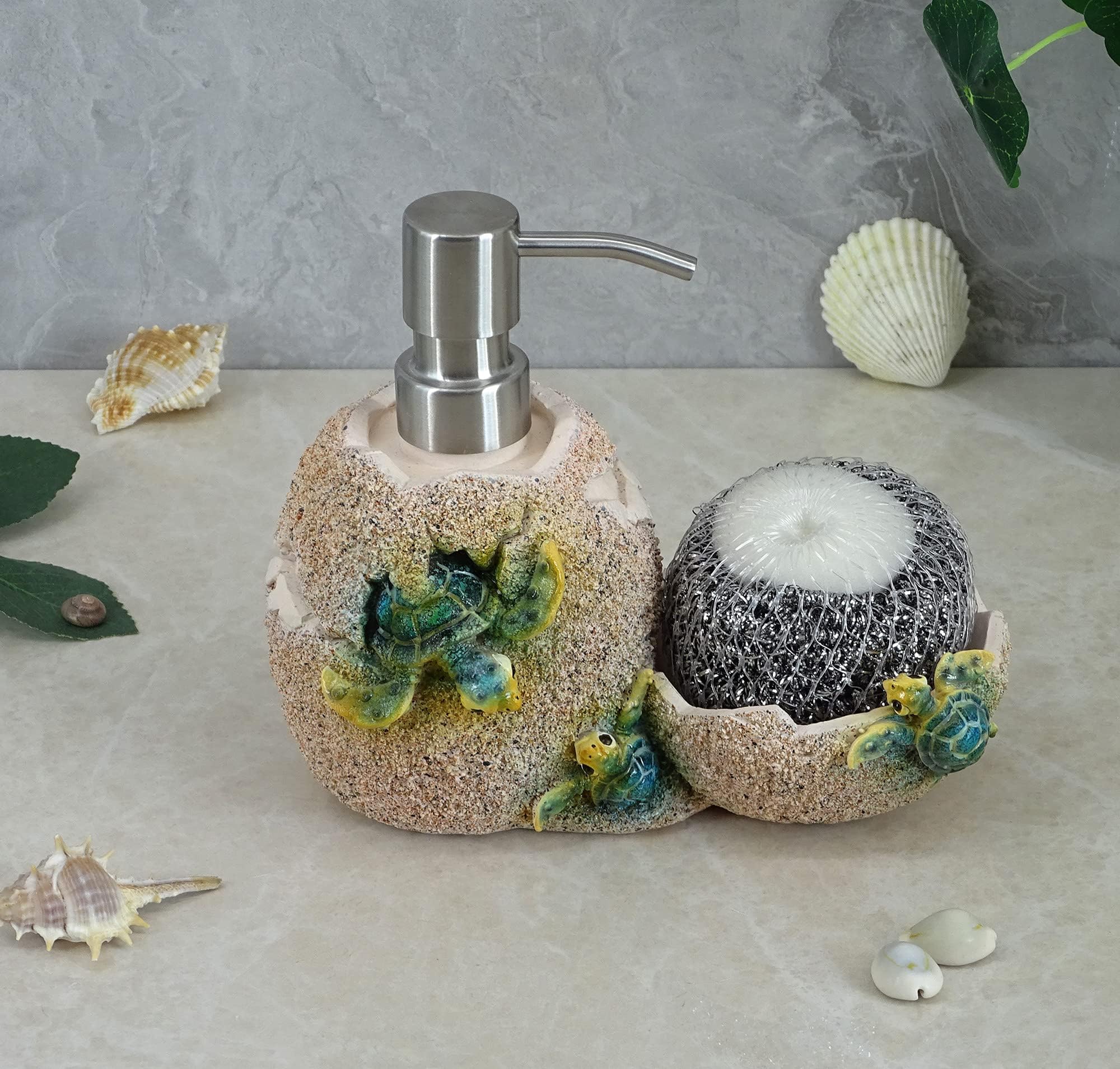 YHHRESINKING Sea Turtle Dish Soap Dispenser with Sponge Holder - Decorative Resin Baby Turtle Sink Organizer for Bathroom, Kitchen & Shower - Soap Tray & Sponge Storage Container (Blue) - Perfect for Beach House Decor & Coastal Themed Homes
